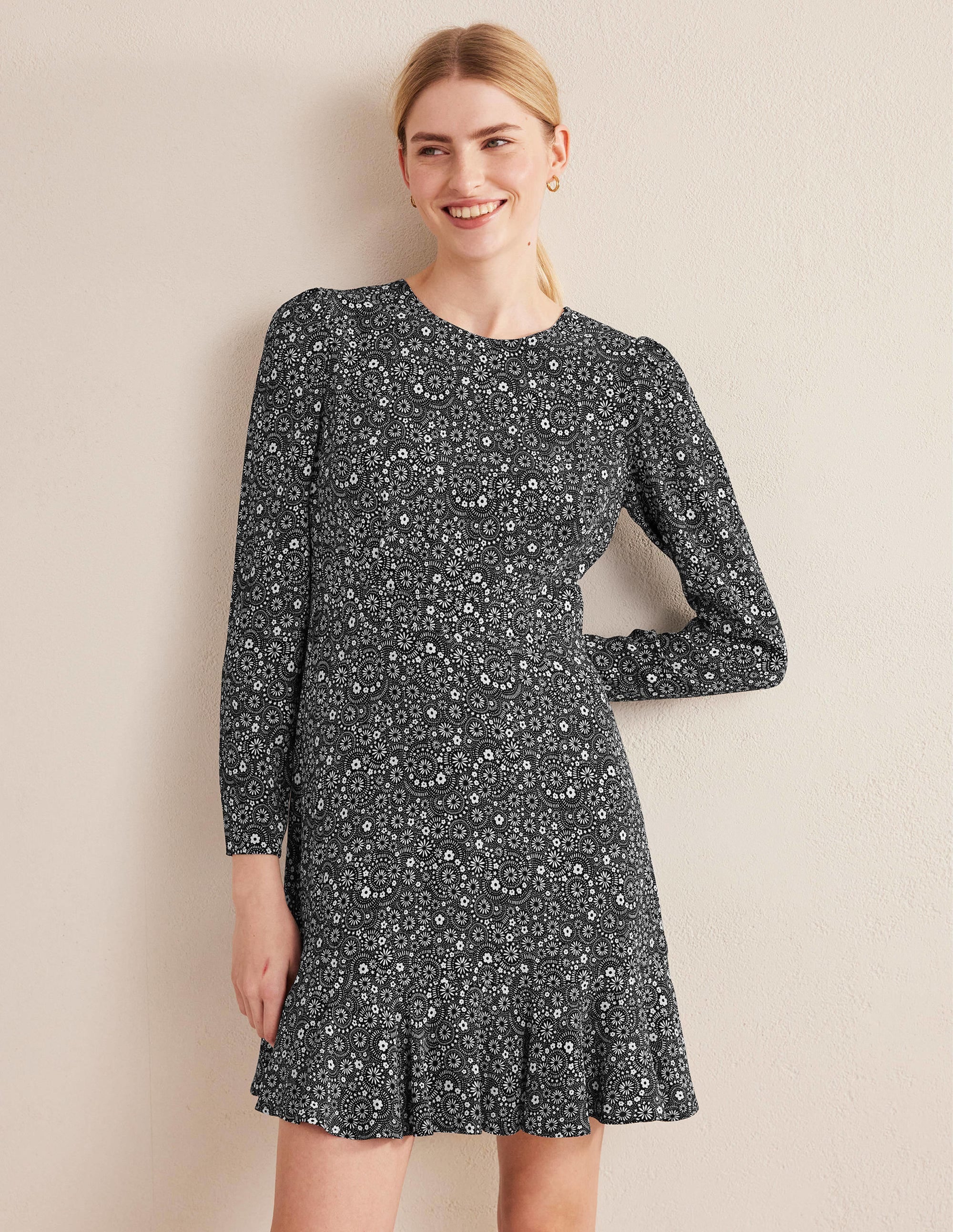 Long Sleeve Flippy Mini Dress-Black, Rose Pop - Image 4