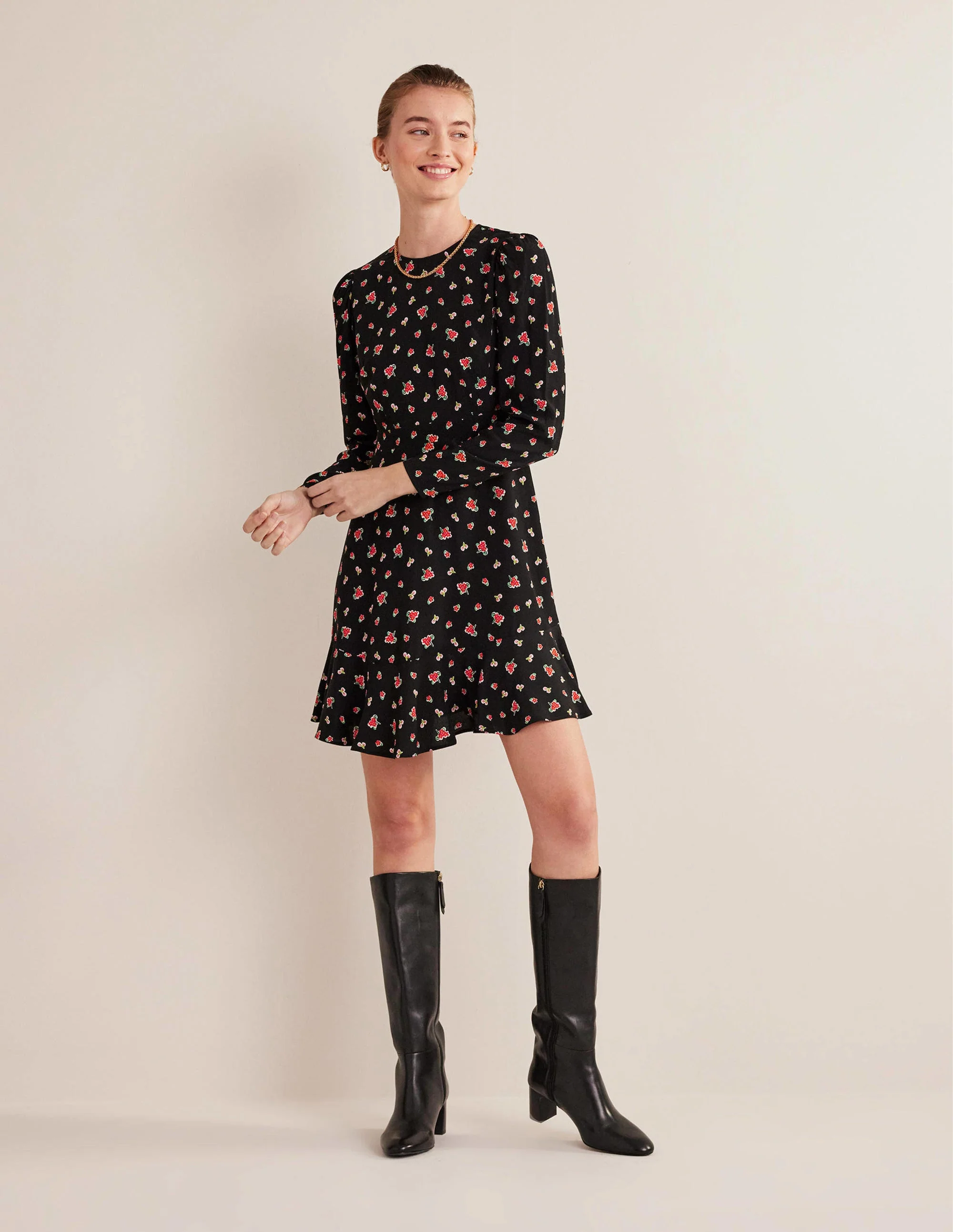 Long Sleeve Flippy Mini Dress-Black, Rose Pop - Image 5