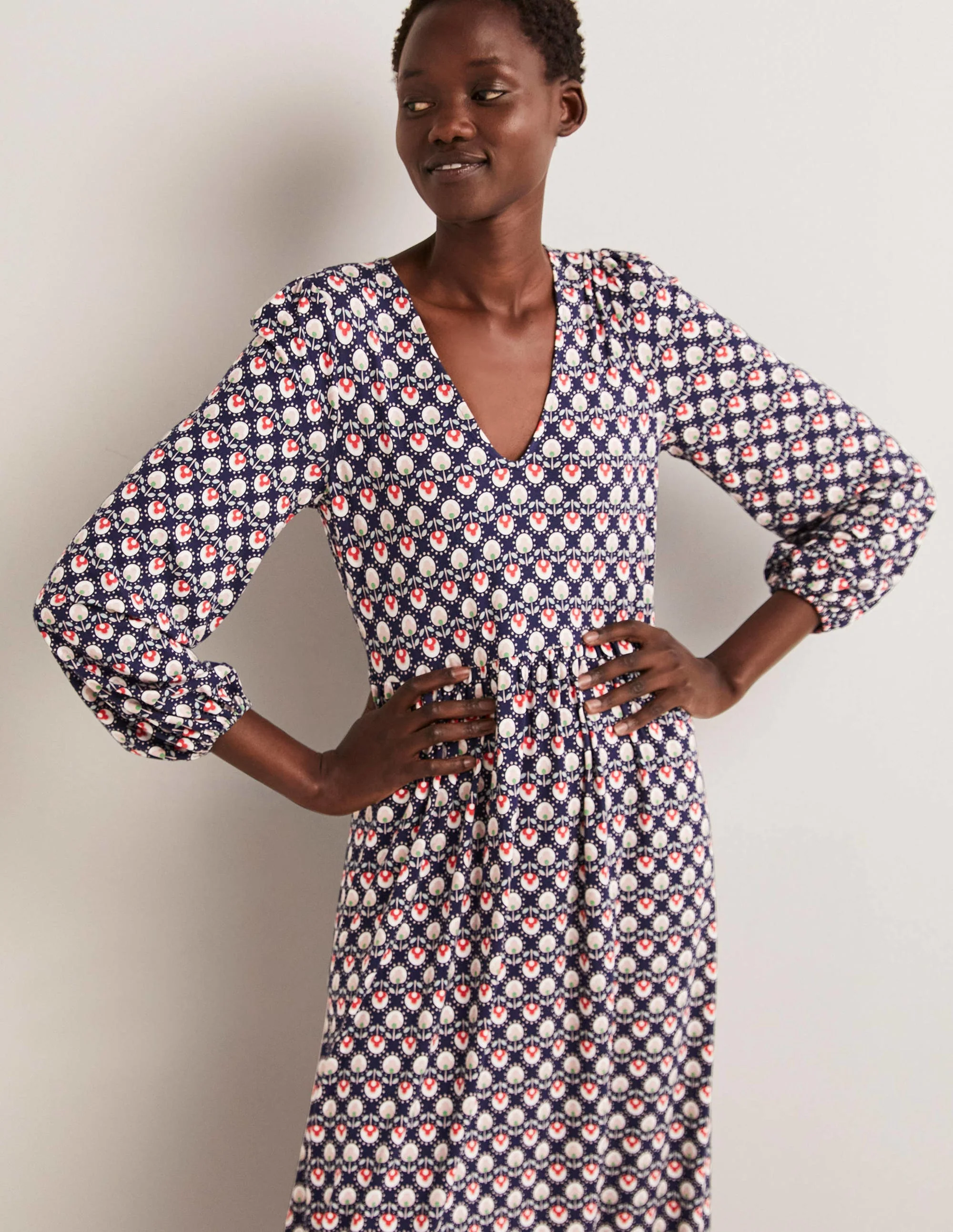 Long Sleeve Jersey Midi Dress-French Navy, Botanic Bud - Image 4