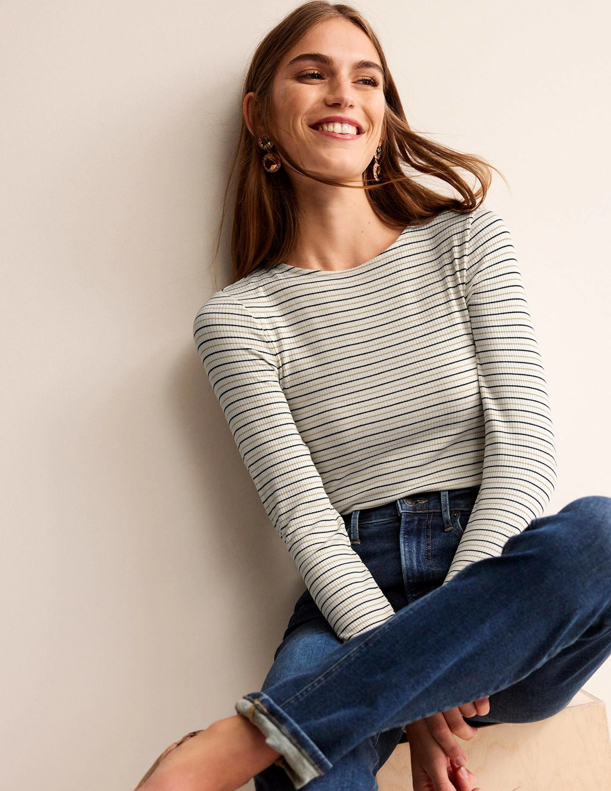 Long Sleeve Metallic Top-Ivory Stripe