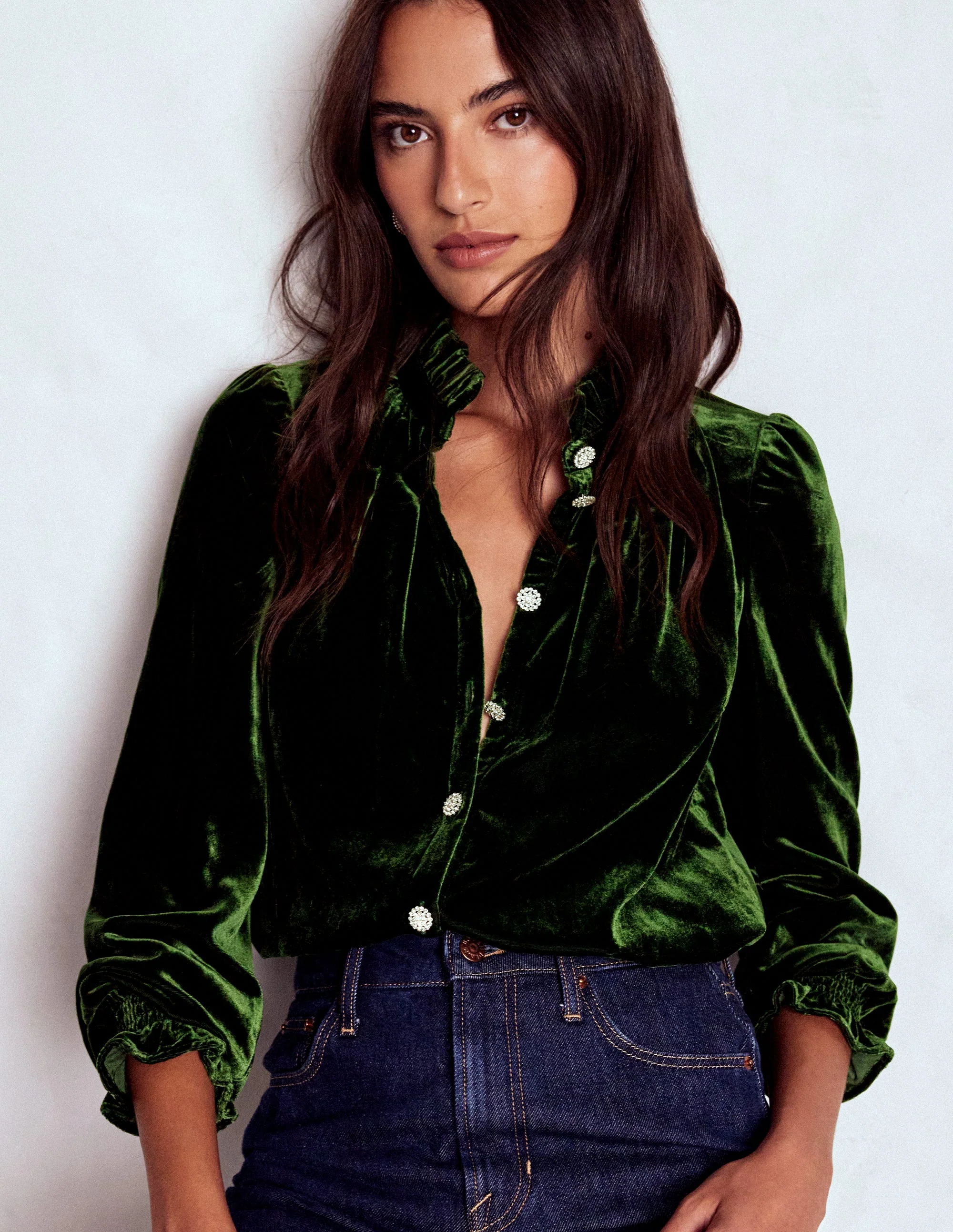 Lorna Pleat Neck Velvet Top-Green Fir