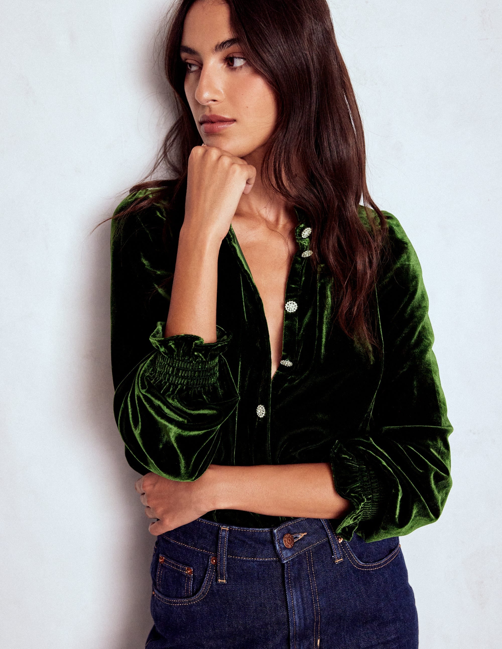 Lorna Pleat Neck Velvet Top-Green Fir - Image 4