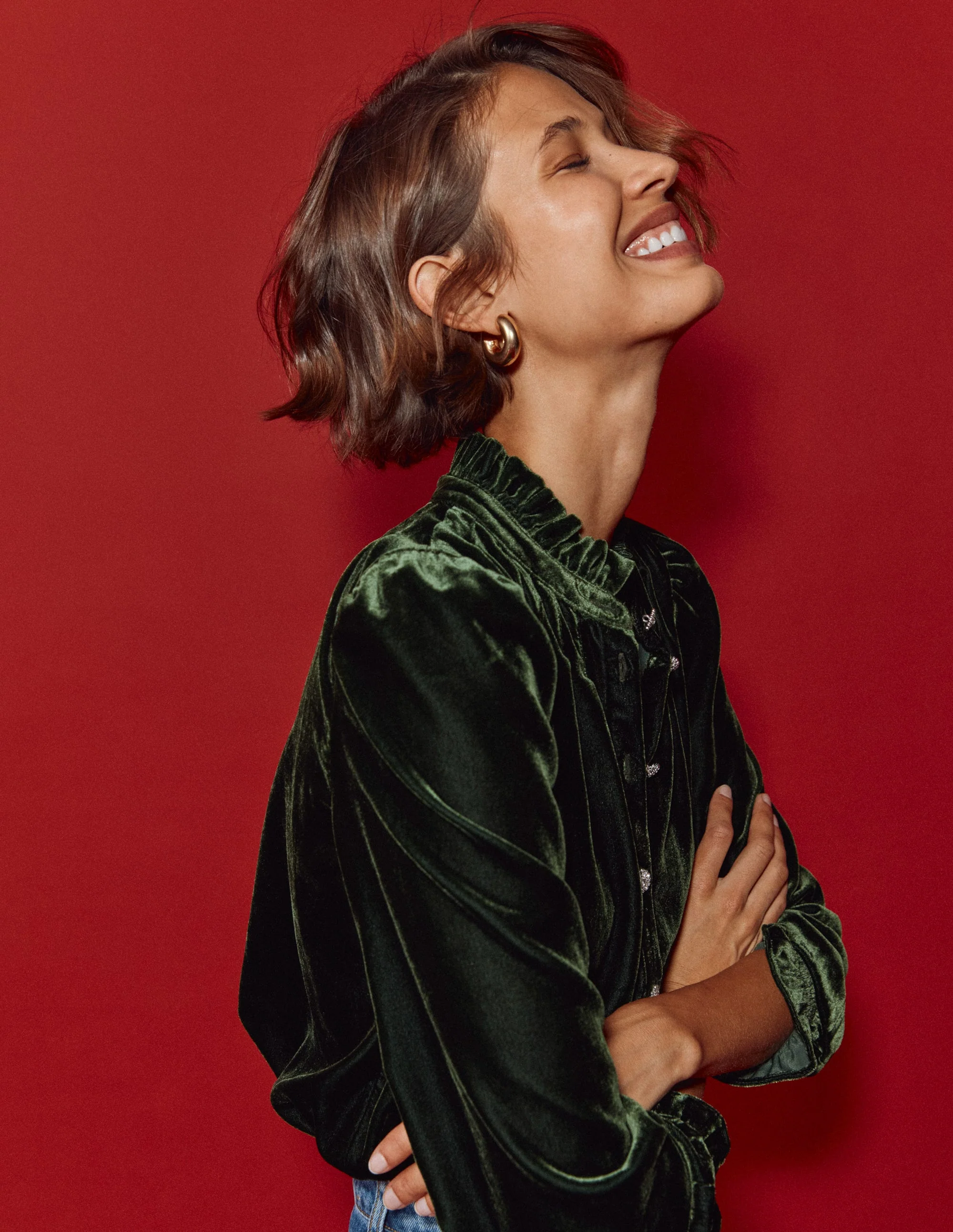 Lorna Pleat Neck Velvet Top-Green Fir - Image 6