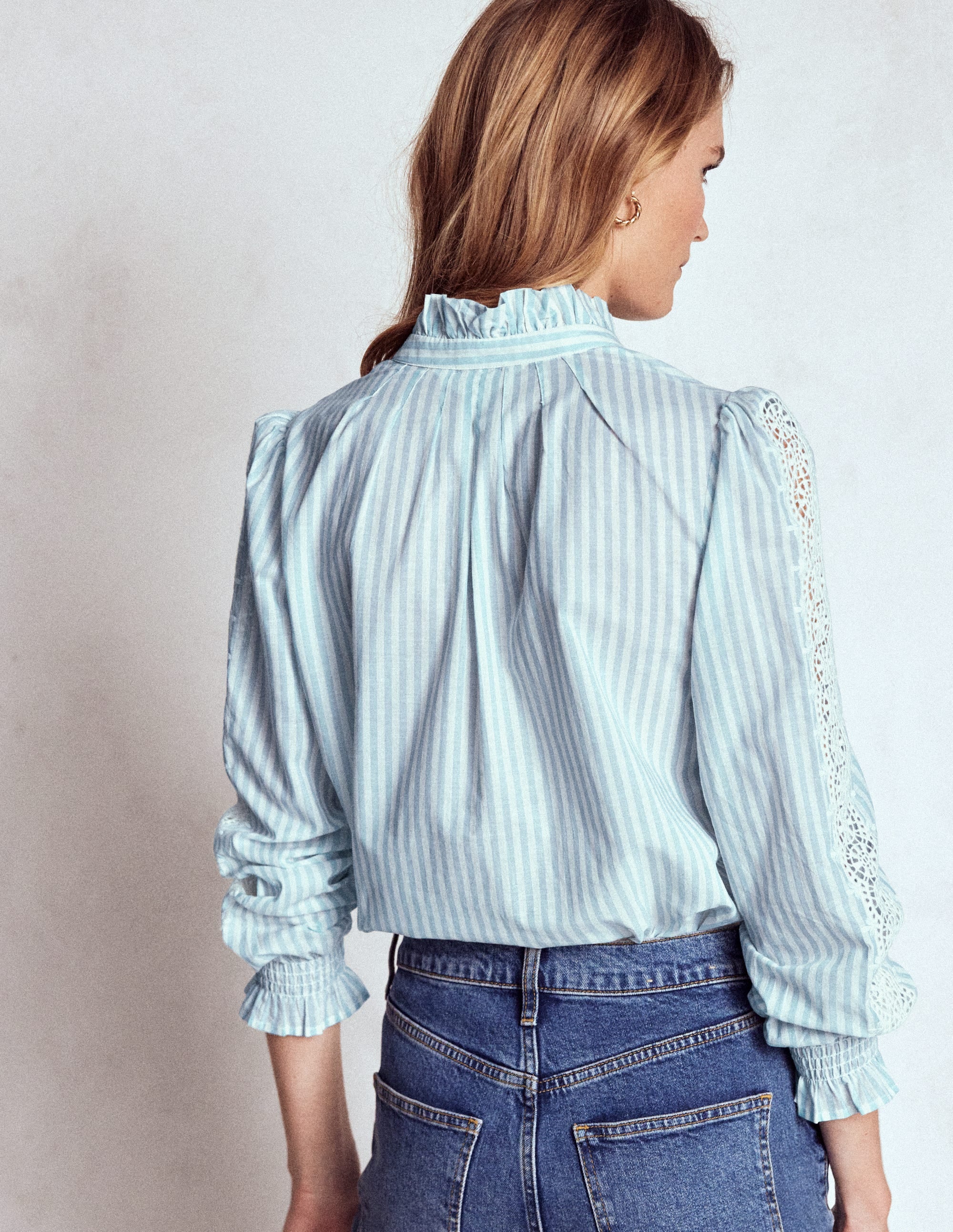 Lorna Pleated Cotton Top-Blue and Ivory Stripe - Image 3