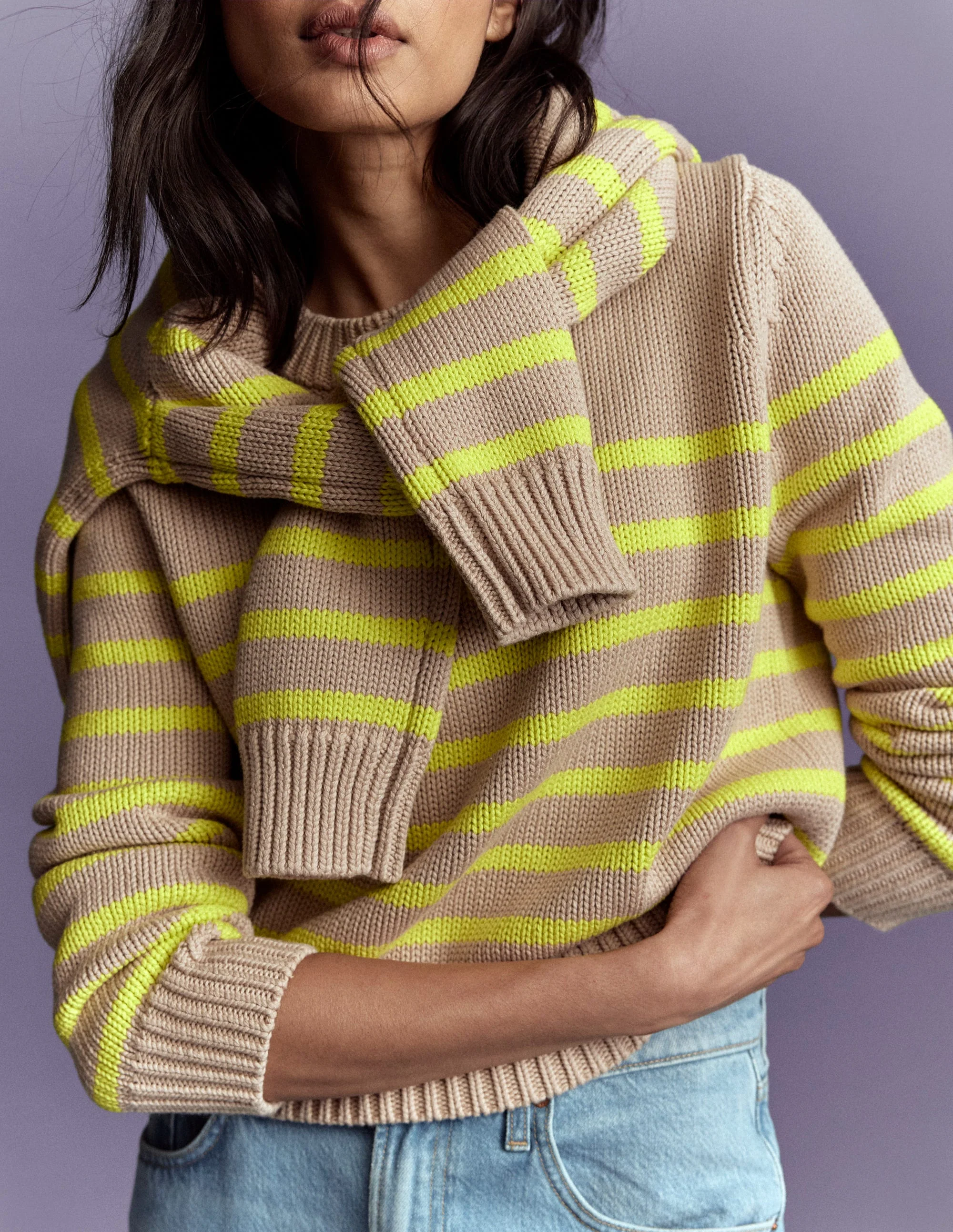 Lucy Chunky Cotton Sweater-Camel Melange, Neon Stripe - Image 2