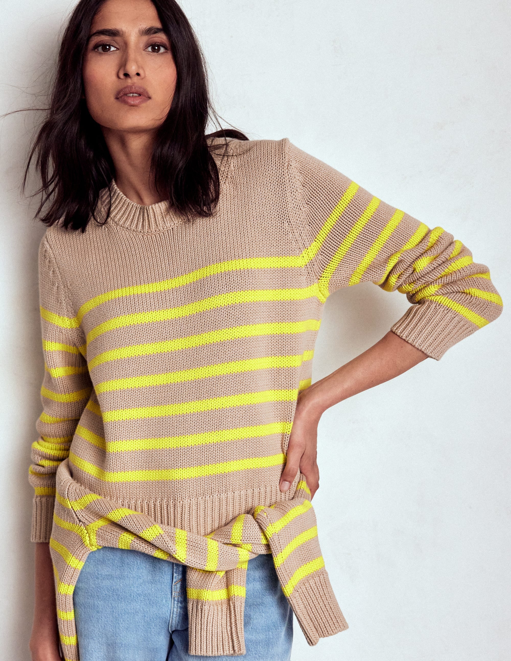 Lucy Chunky Cotton Sweater-Camel Melange, Neon Stripe - Image 3