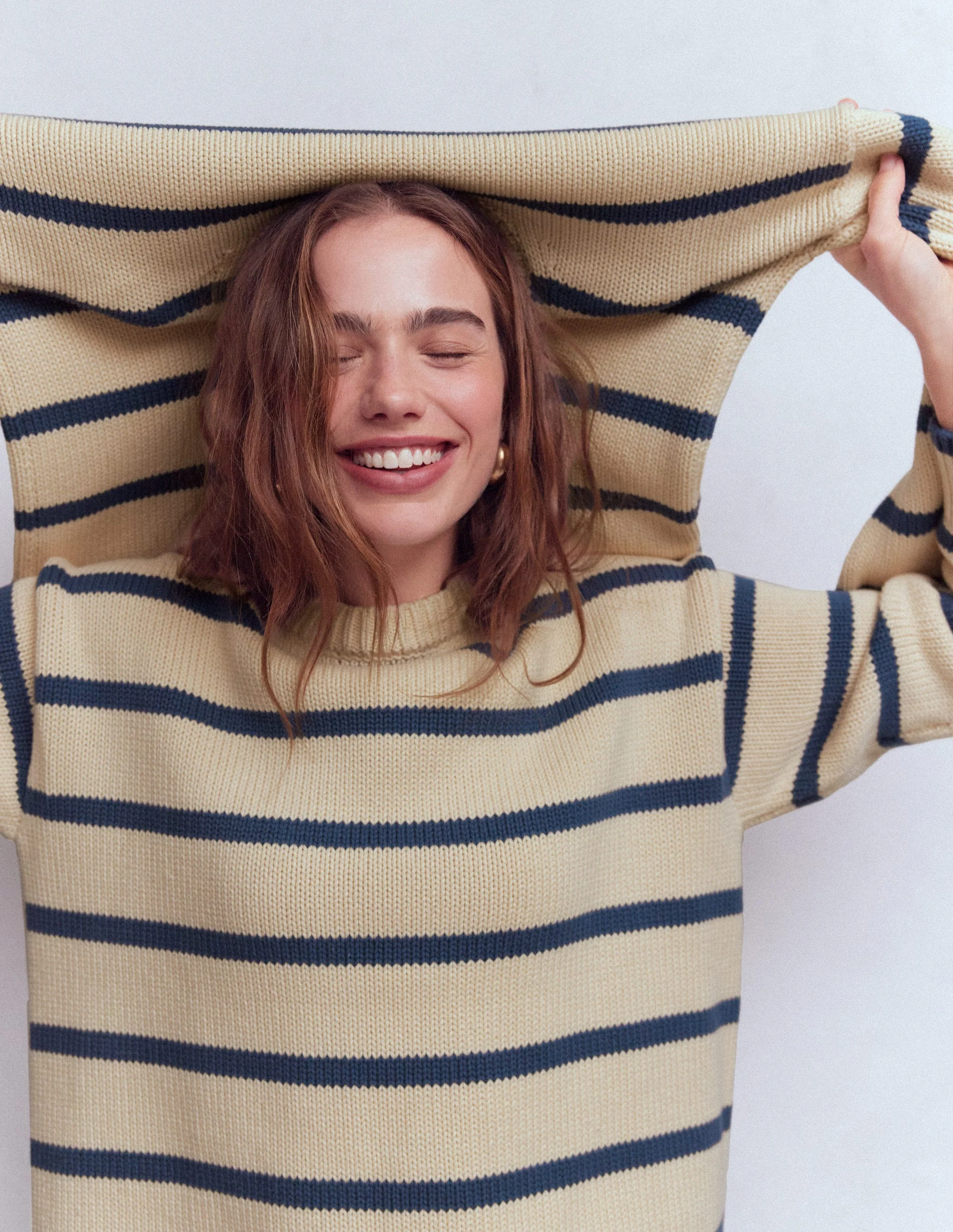 Lucy Oversized Cotton Jumper-Almond Milk/ Denim Blue Stripe