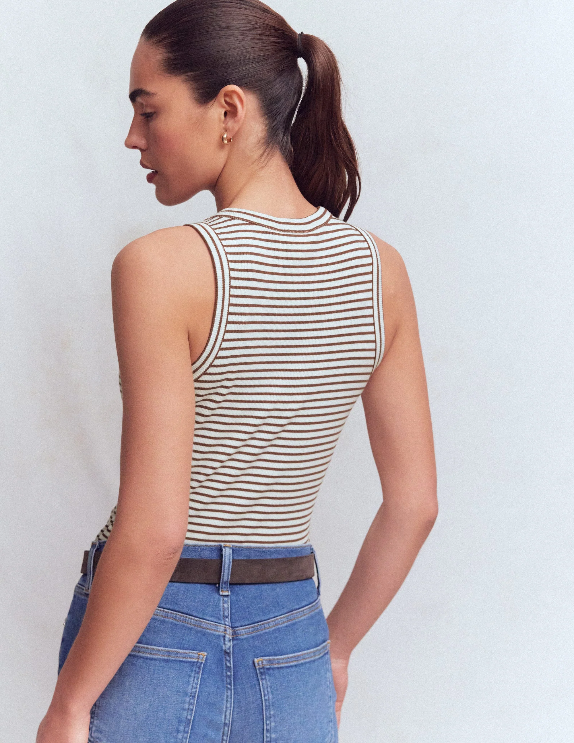 Lyra Ribbed Cotton Tank-Ivory & Brown Stripe - Image 3
