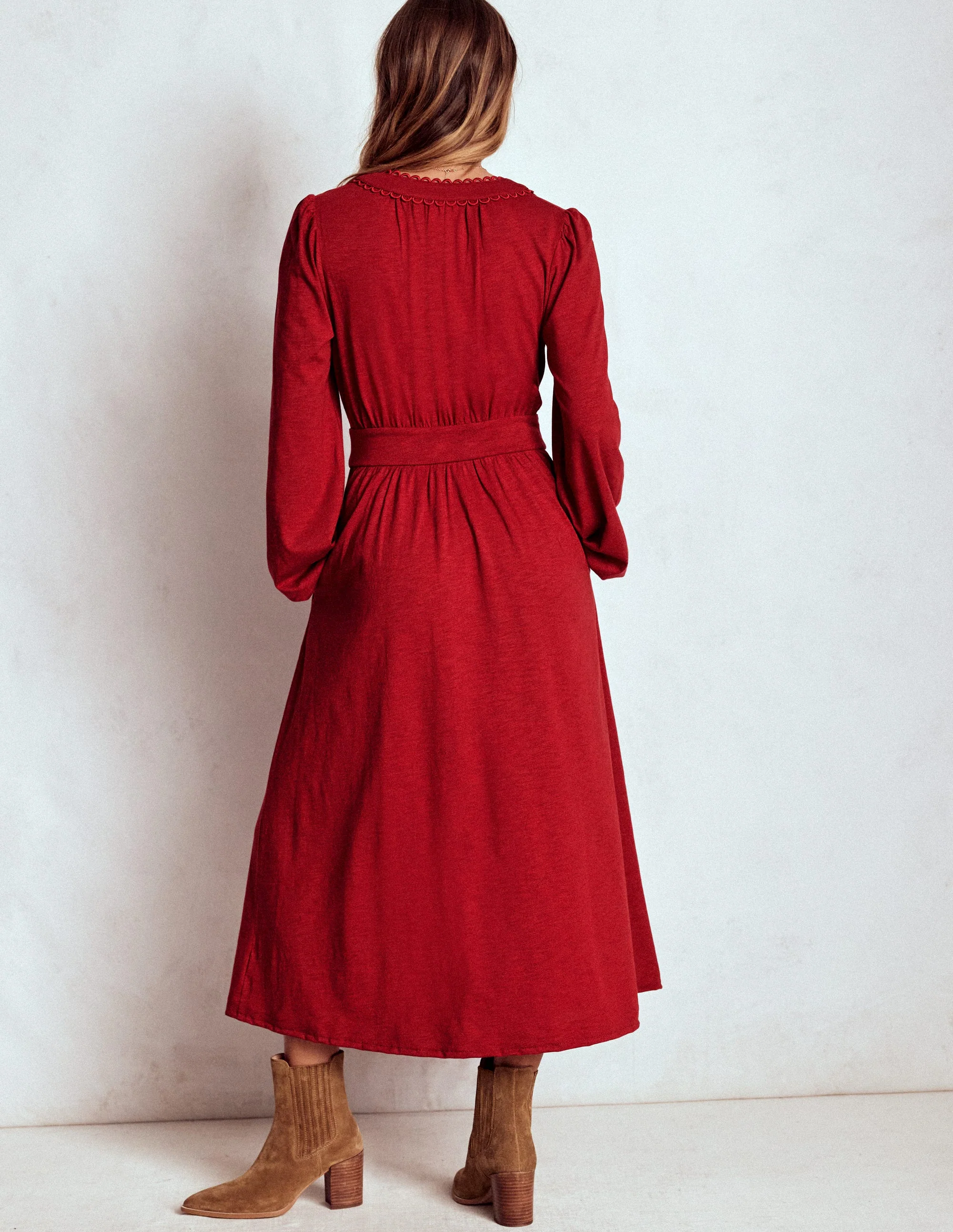 Maddie Picot Trim Midi Dress-Carmine Red - Image 4