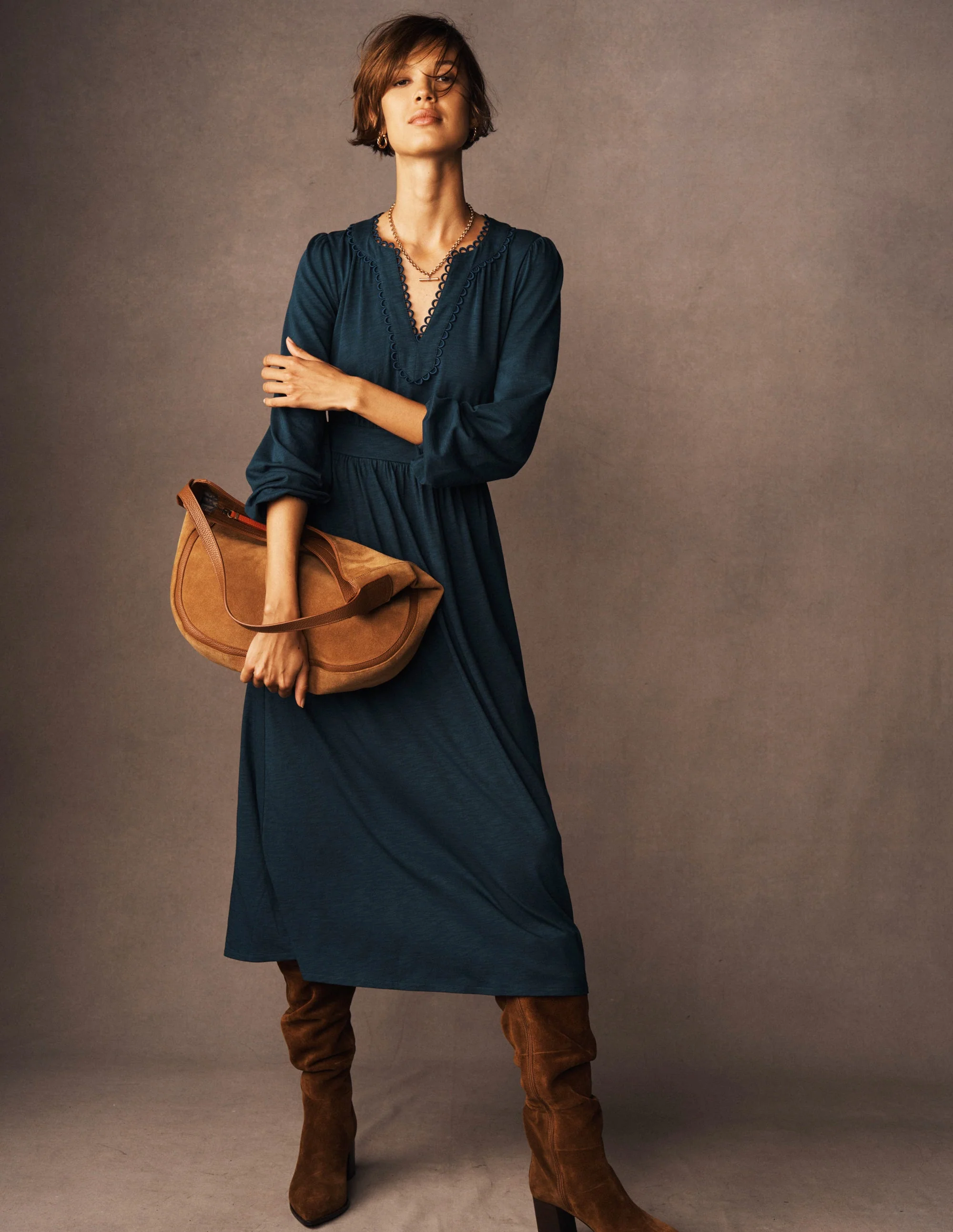 Maddie Picot Trim Midi Dress-Midnight Teal - Image 6