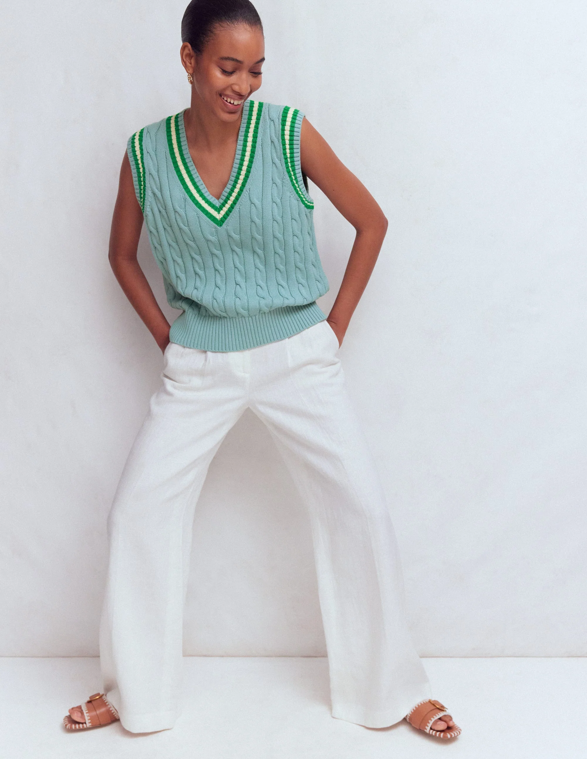 Maeve Cable V Neck Tank-Blue, Green - Image 4