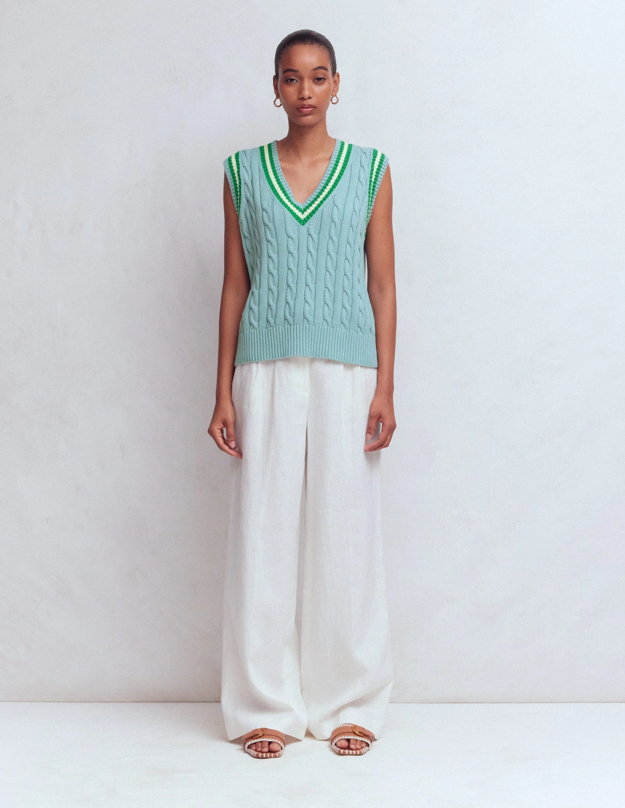Maeve Cable V Neck Tank-Blue, Green - Image 7