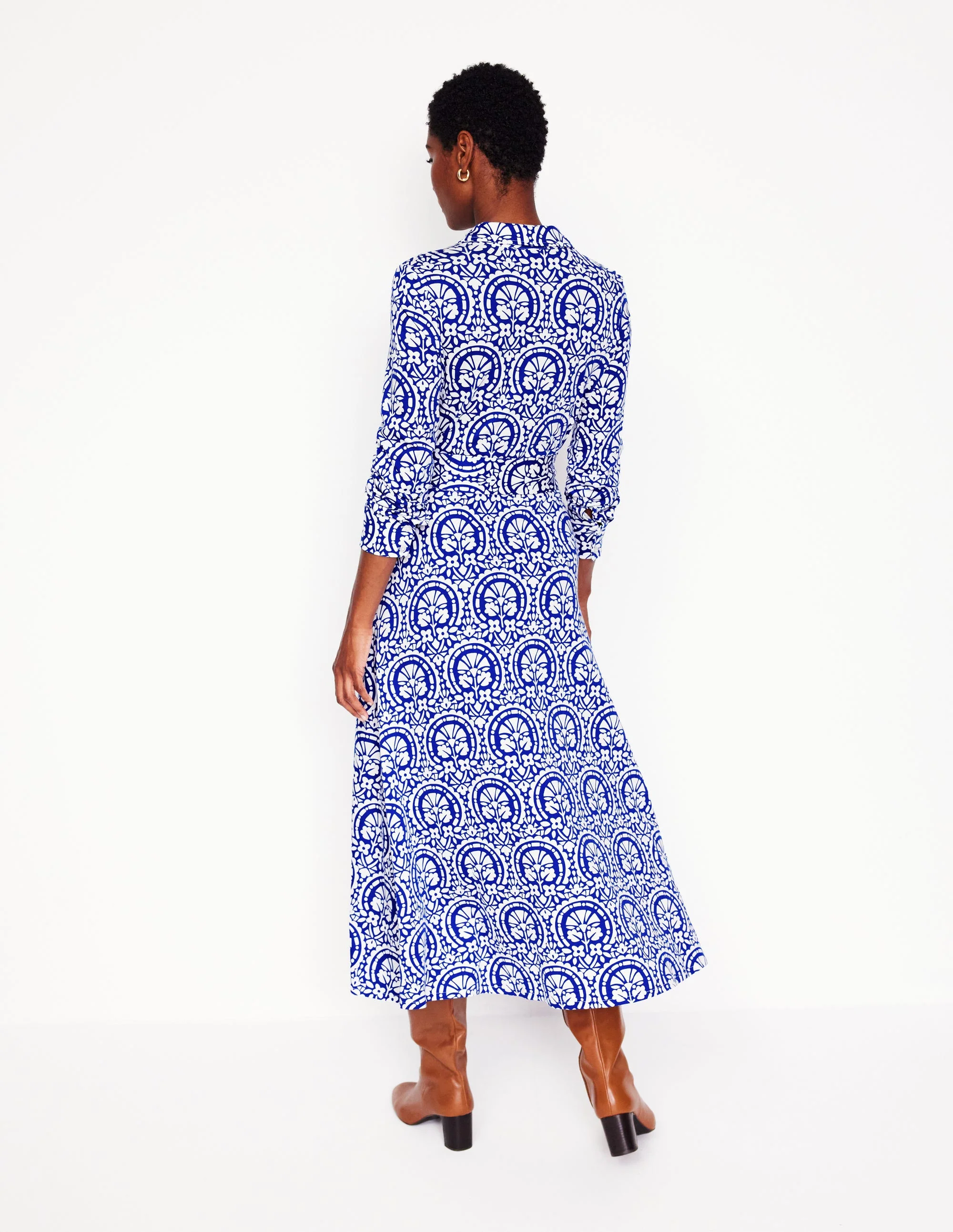 Marcia Jersey Shirt Dress-Bright Blue, Elaborate Stamp - Image 4