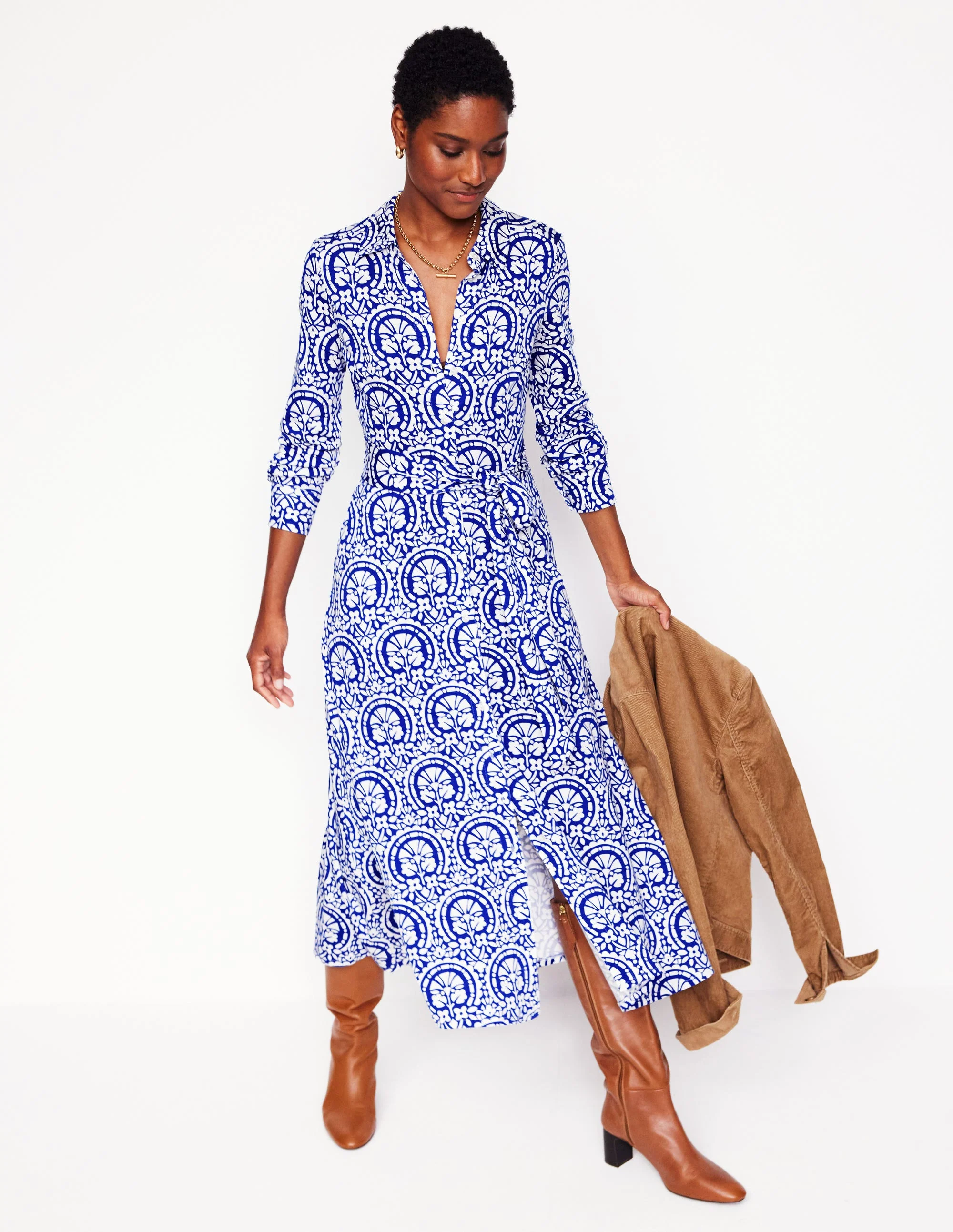 Marcia Jersey Shirt Dress-Bright Blue, Elaborate Stamp - Image 5