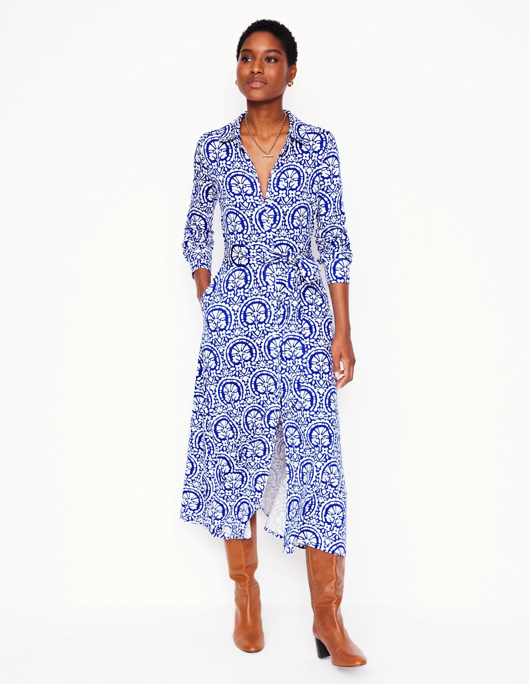 Marcia Jersey Shirt Dress-Bright Blue, Elaborate Stamp - Image 7