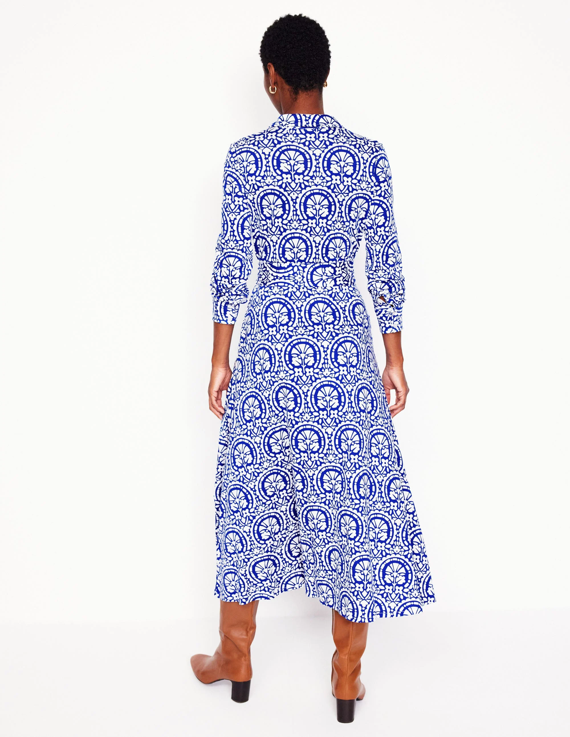 Marcia Jersey Shirt Dress-Bright Blue, Elaborate Stamp - Image 8
