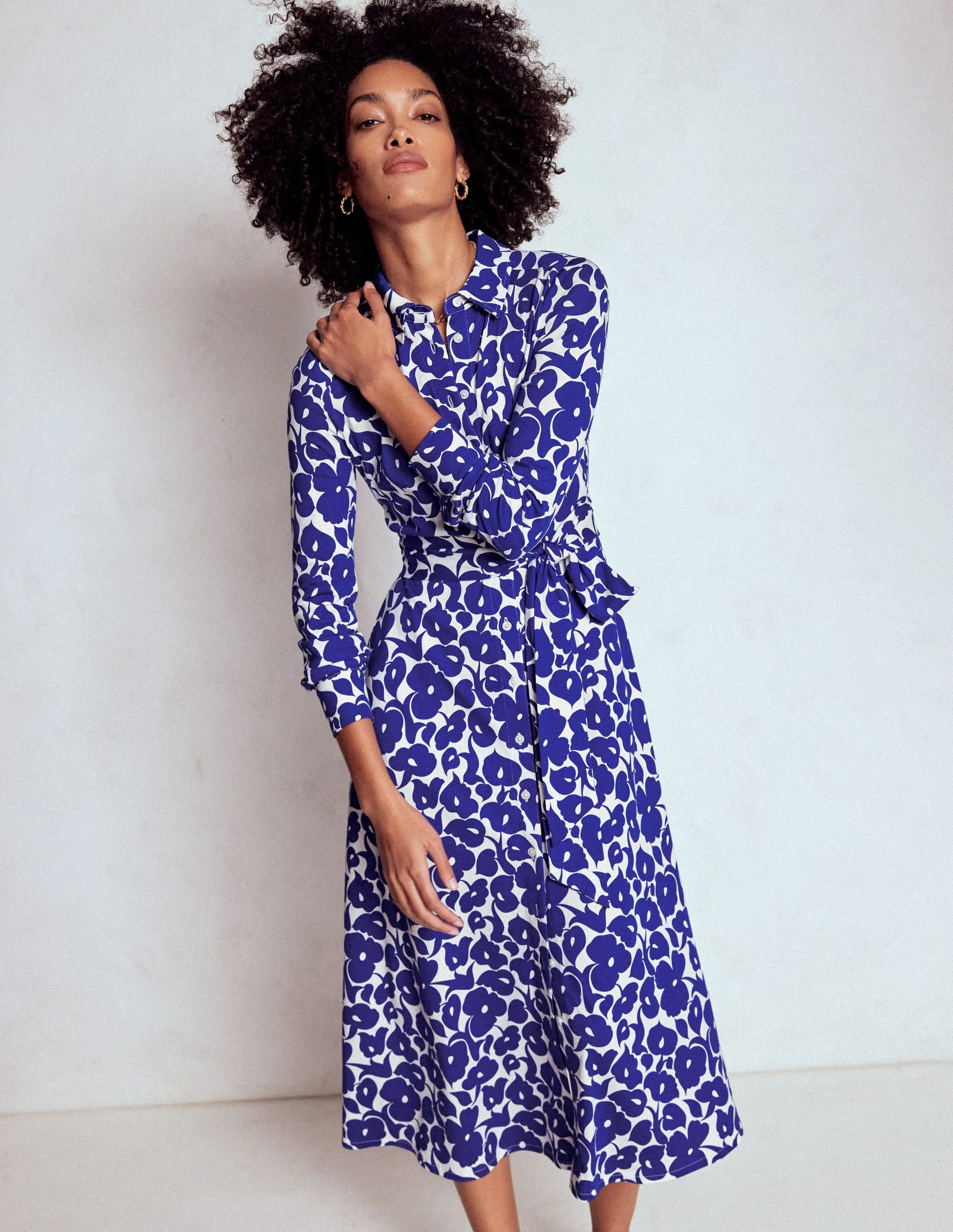 Marcia Jersey Shirt Dress-Bright Blue, Leafy Grove