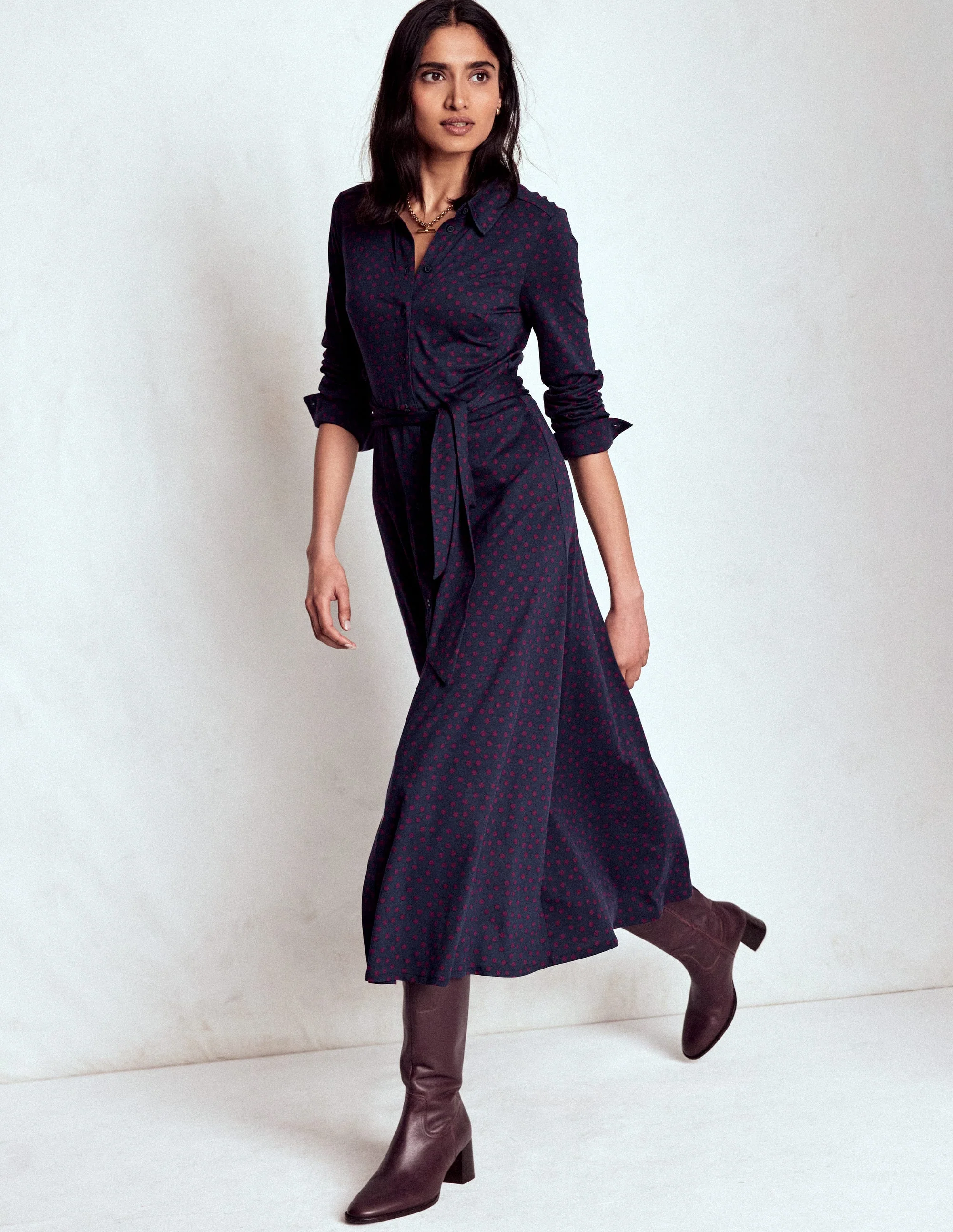 Marcia Jersey Shirt Dress-French Navy, Painted Dot - Image 2