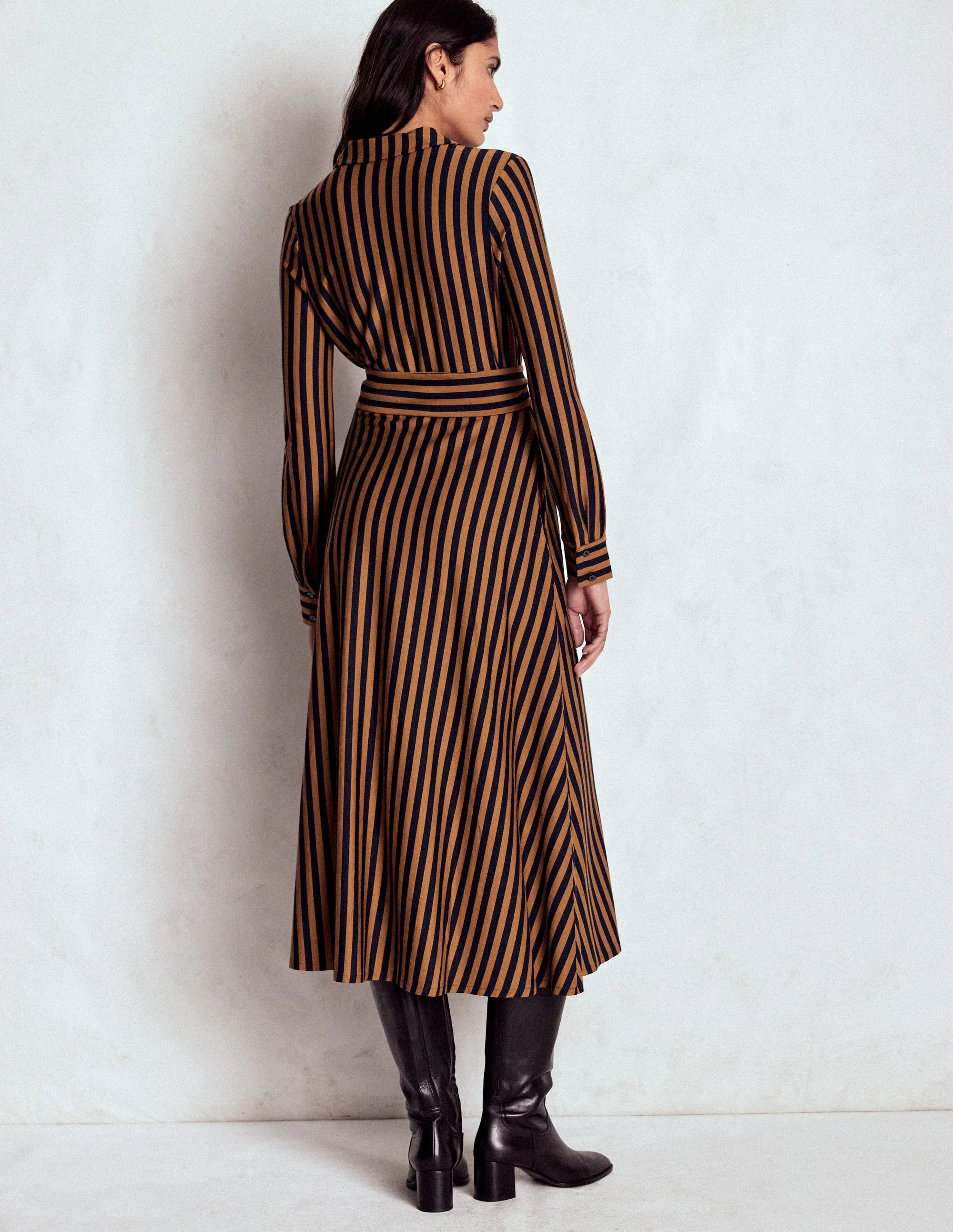 Marcia Jersey Shirt Dress-Gingerbread and Navy Stripe - Image 3