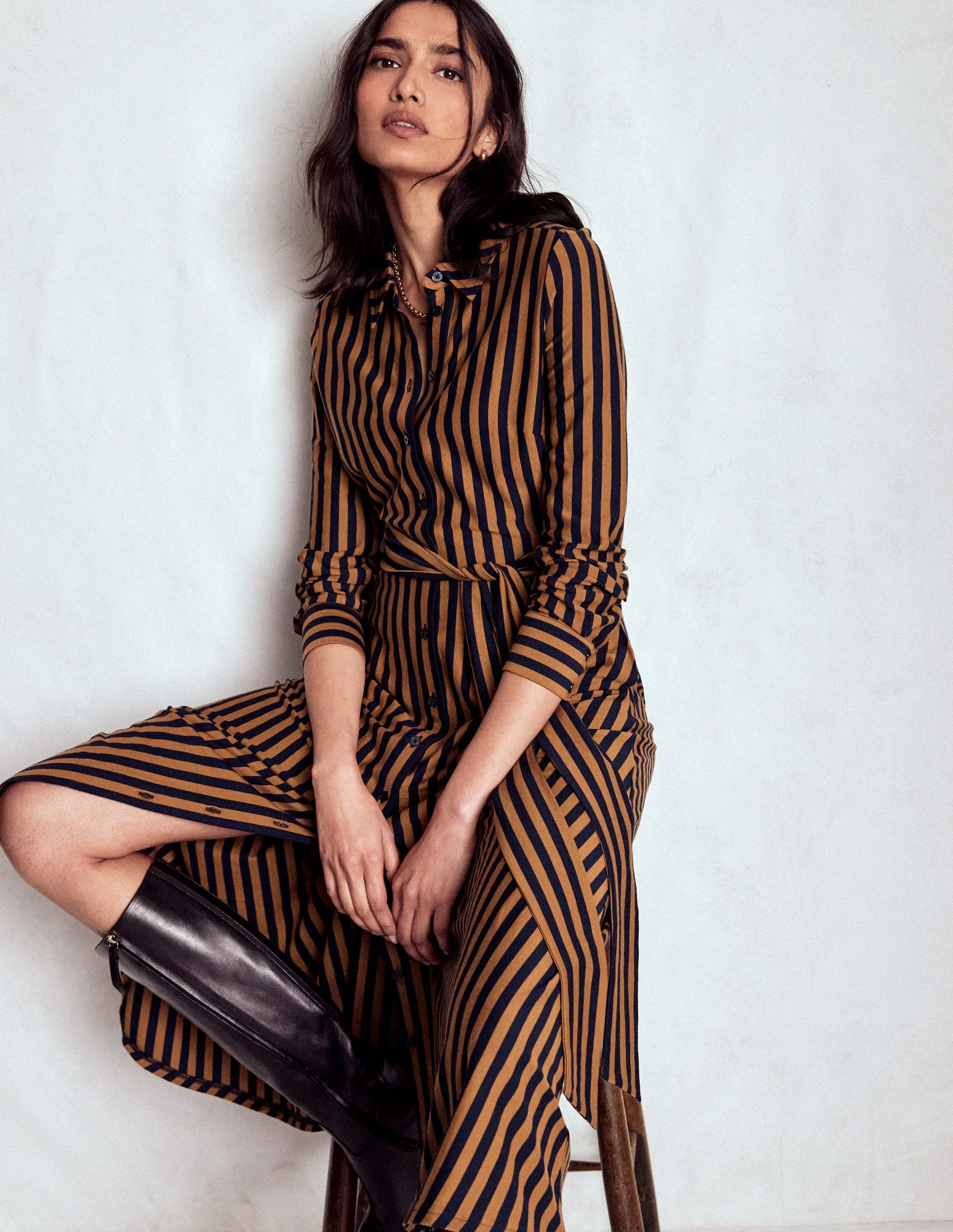 Marcia Jersey Shirt Dress-Gingerbread and Navy Stripe - Image 4