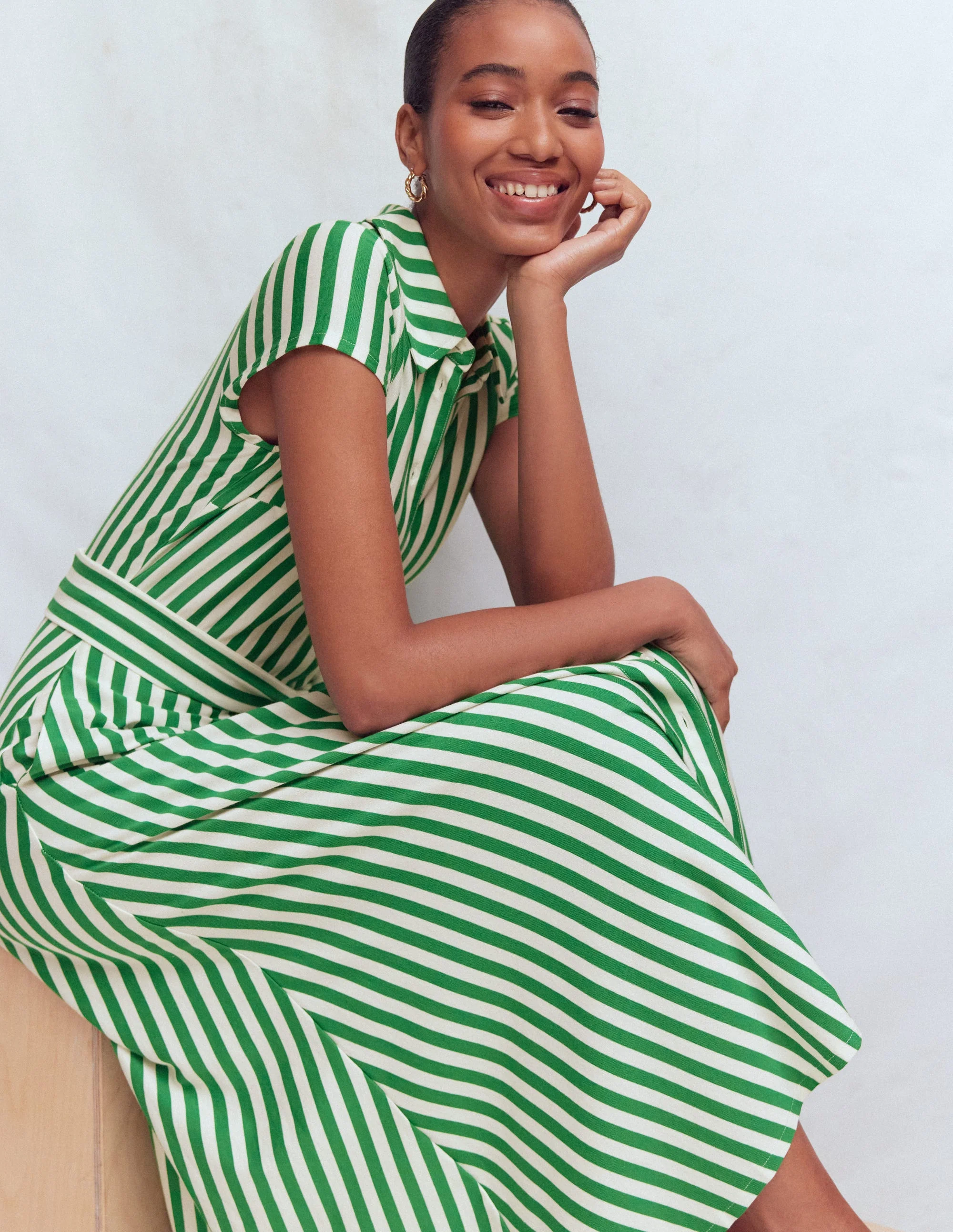 Marcia Jersey Shirt Dress-Green and Ivory Stripe - Image 4