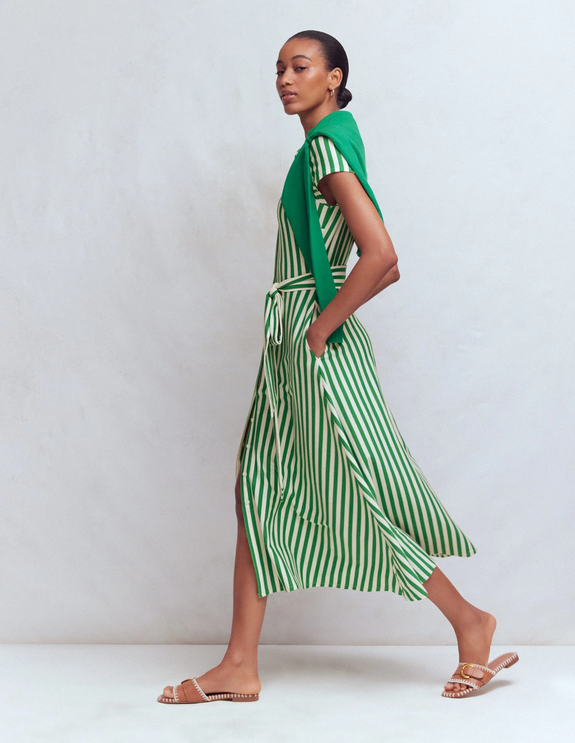 Marcia Jersey Shirt Dress-Green and Ivory Stripe - Image 5