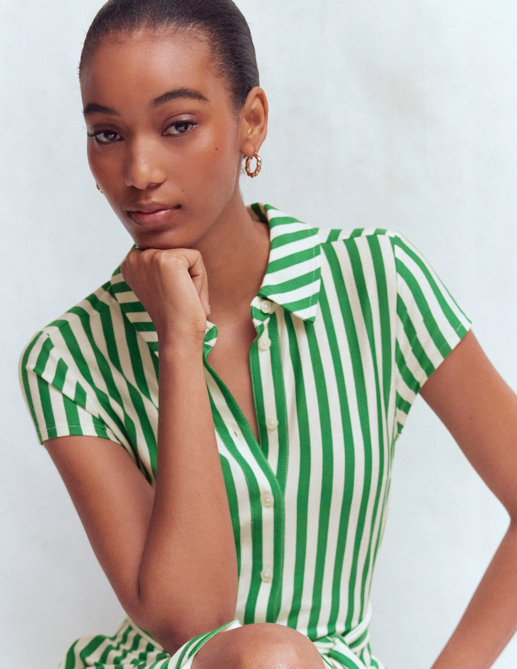 Marcia Jersey Shirt Dress-Green and Ivory Stripe - Image 6