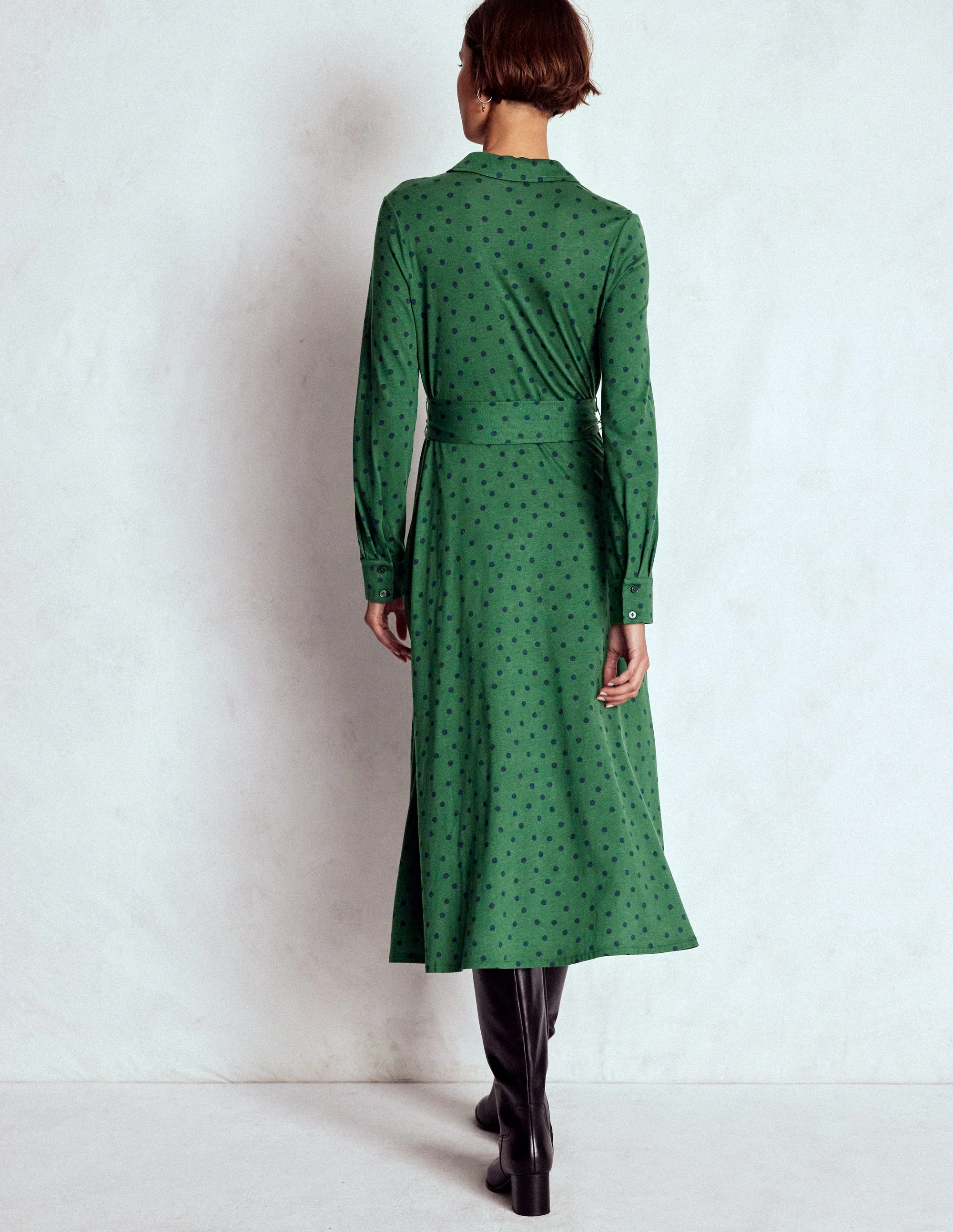 Marcia Jersey Shirt Dress-Hunter Green, Painted Dot - Image 4