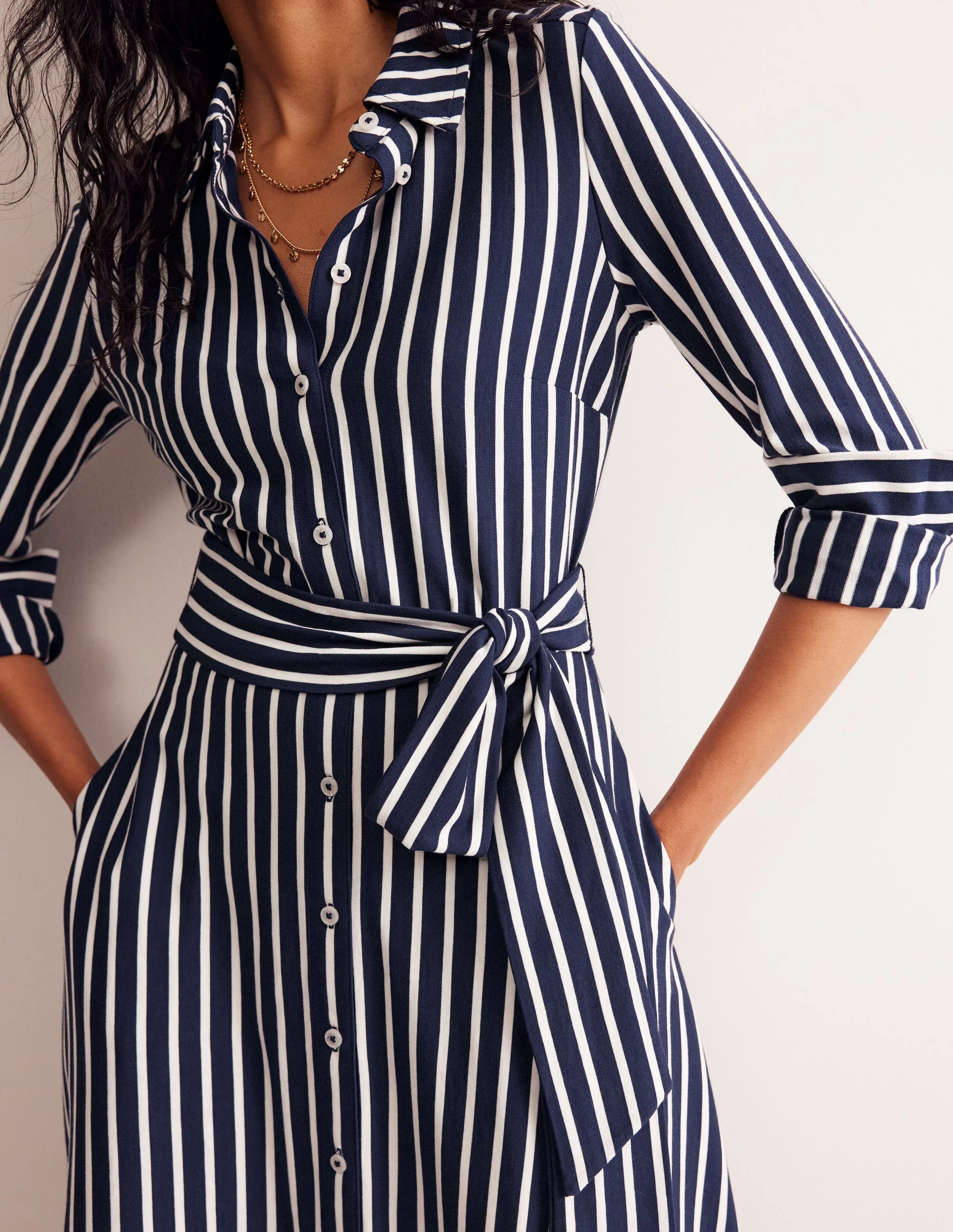 Marcia Jersey Shirt Dress-Navy, Ivory Stripe - Image 2