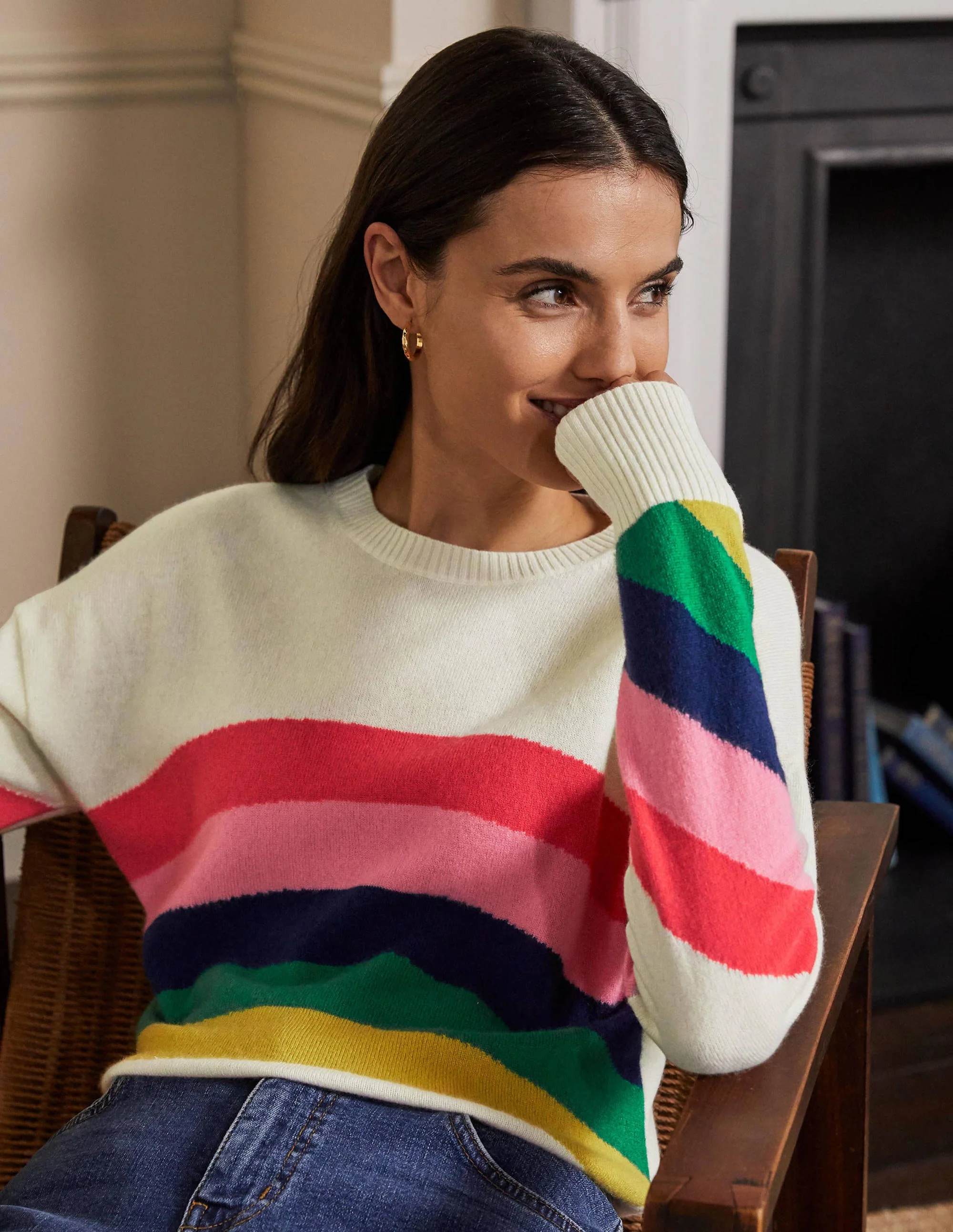 Margot Cashmere Sweater-Ivory/Rainbow Stripe