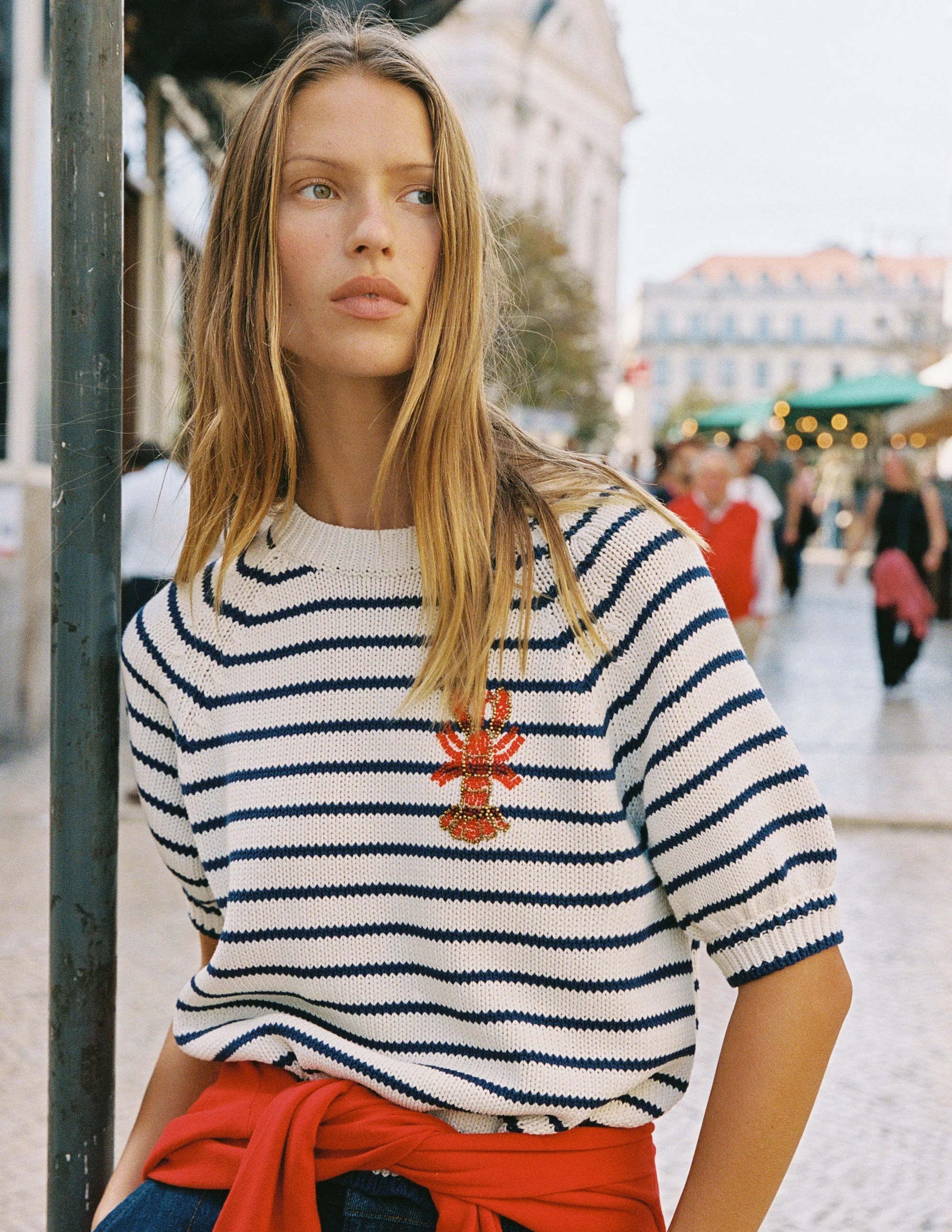 Margot Puff Sleeve T-Shirt-Ivory/ Navy Lobster - Image 6