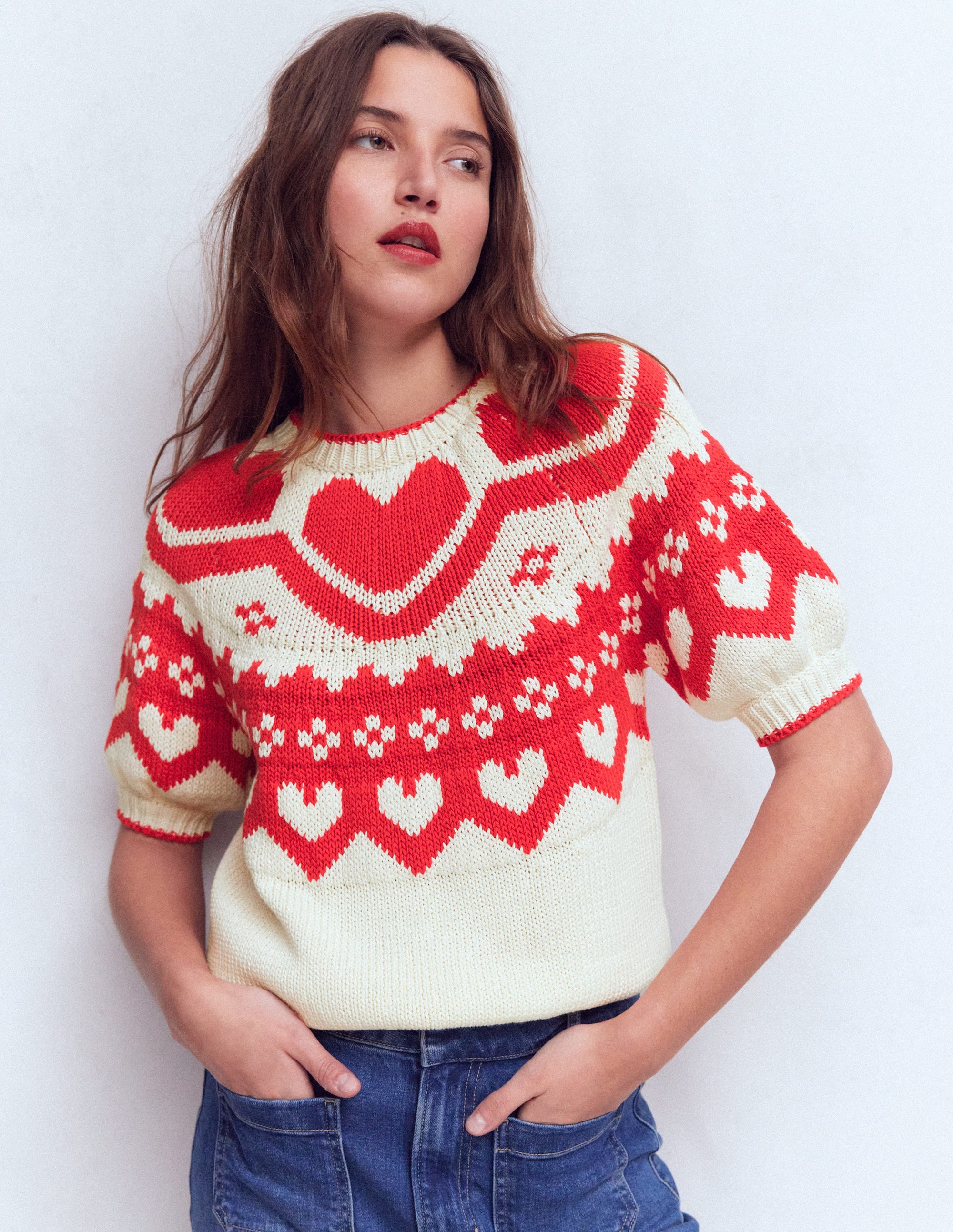 Margot Puff Sleeve T-Shirt-Warm Ivory Hearts - Image 5