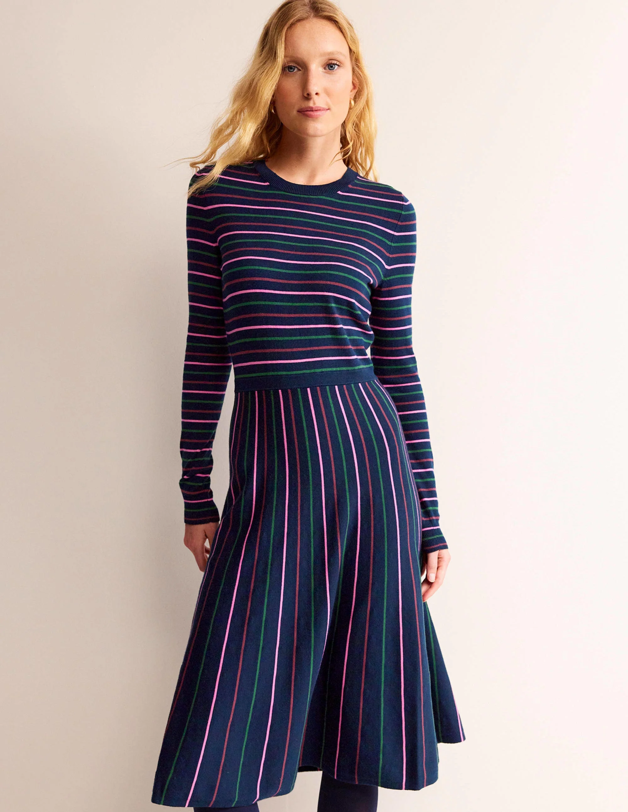 Maria Knitted Midi Dress-Navy and Pink - Image 2