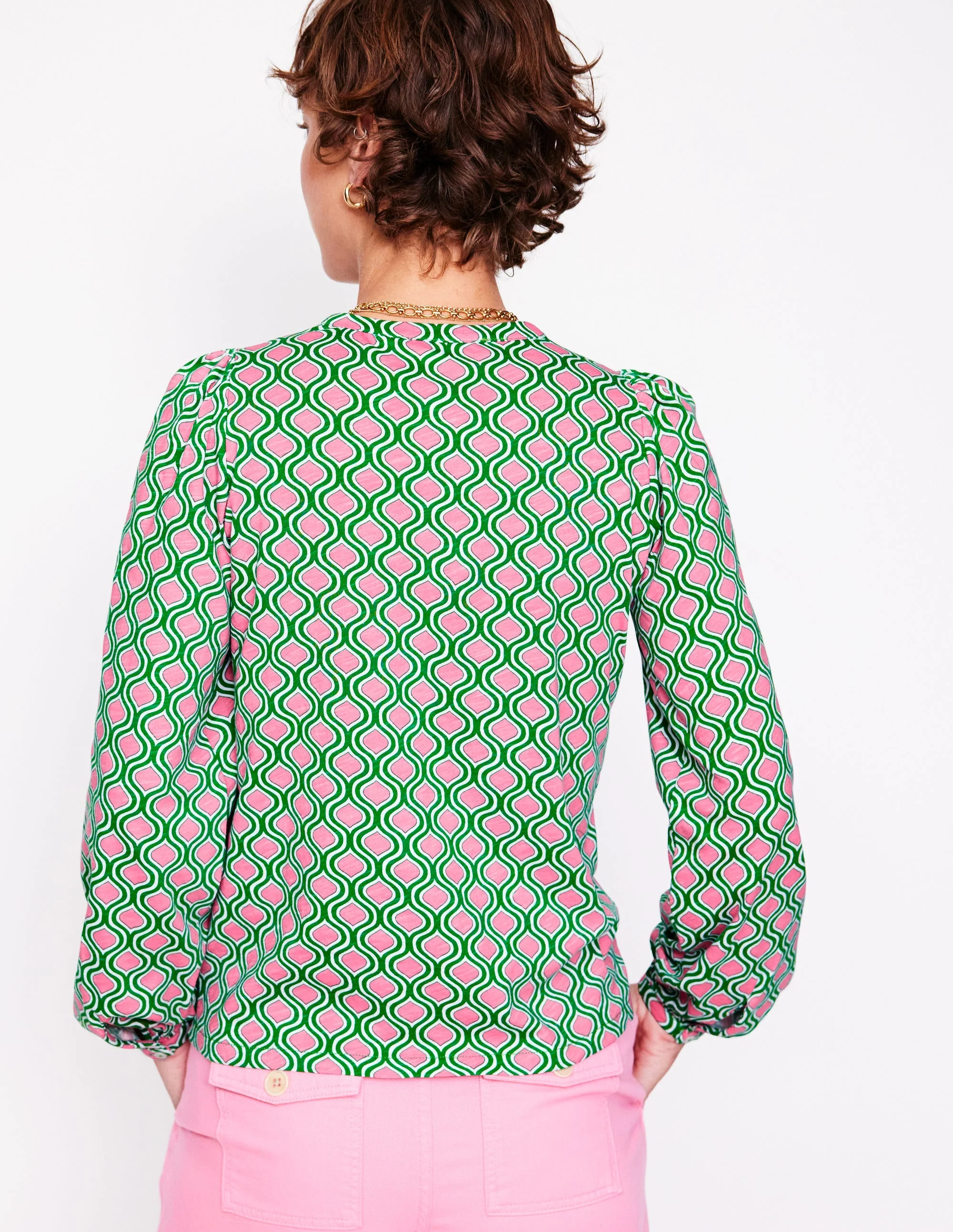 Marina Jersey Shirt-Rich Emerald, Geo Trellis - Image 3