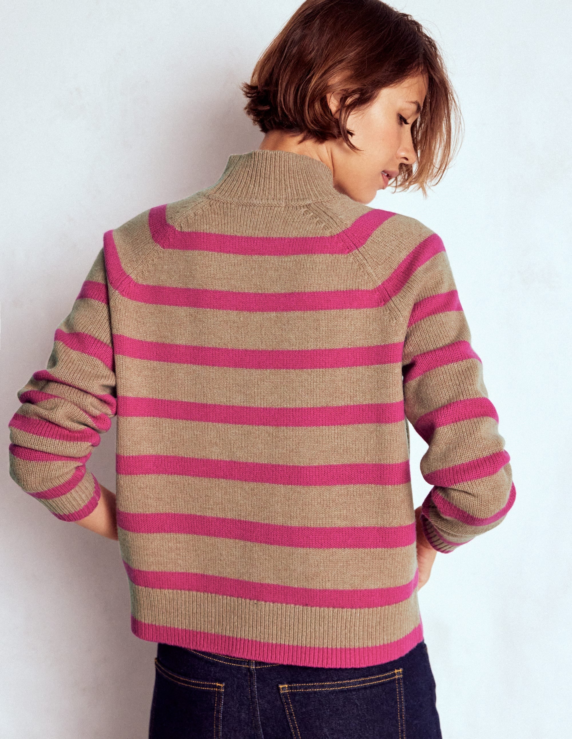 Marion Merino Rib Neck Sweater-Camel, Brilliant Pink Stripe - Image 3