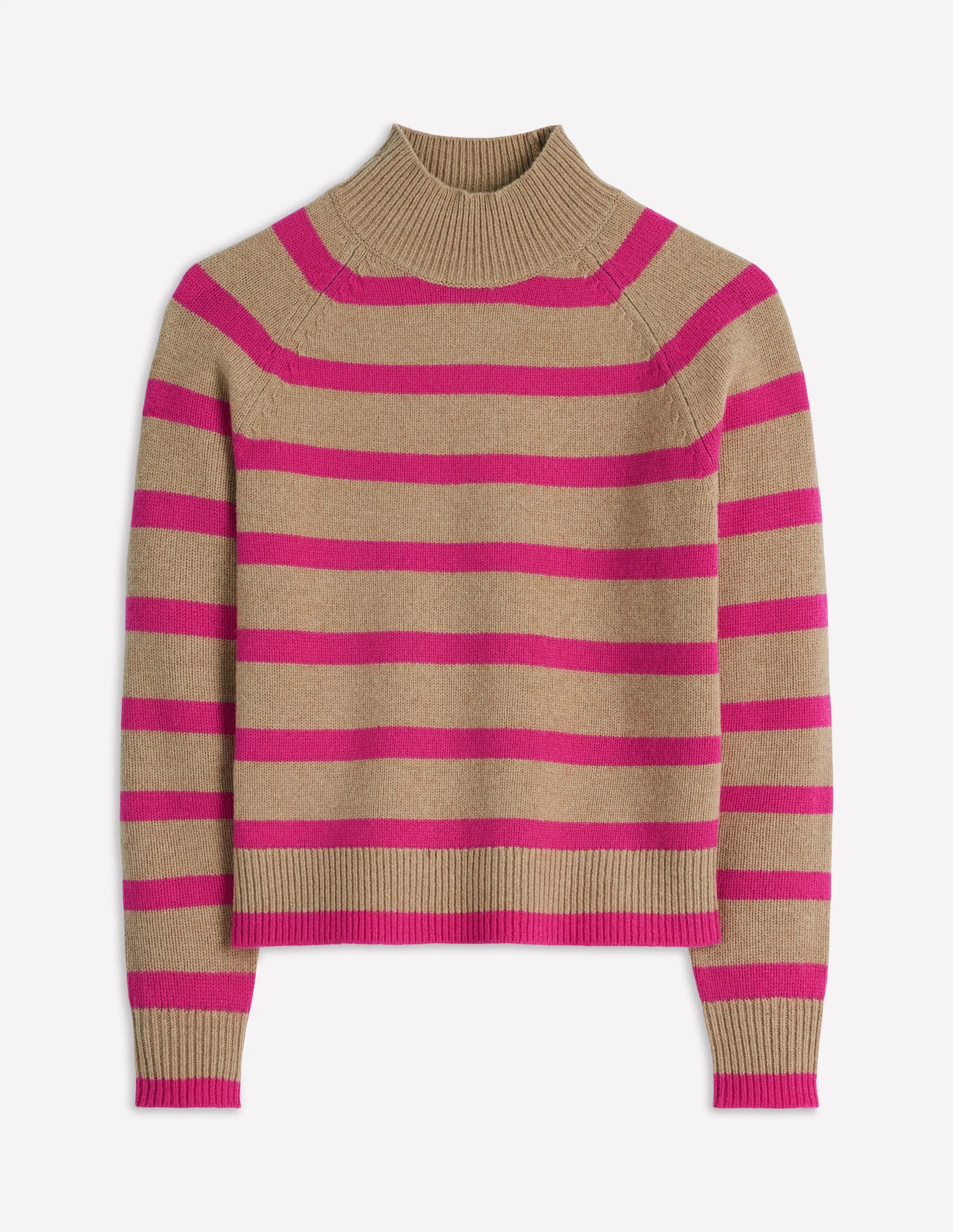 Marion Merino Rib Neck Sweater-Camel, Brilliant Pink Stripe - Image 5