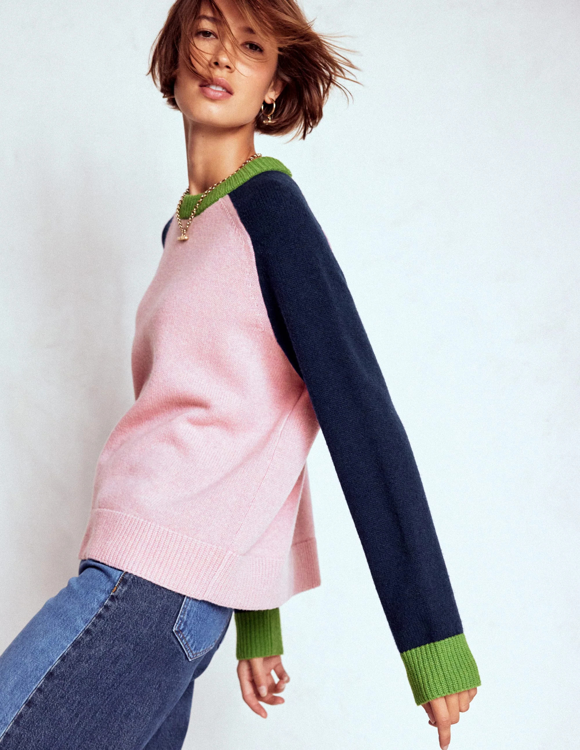 Marion Merino Sweater-French Pink, Navy Colour Block