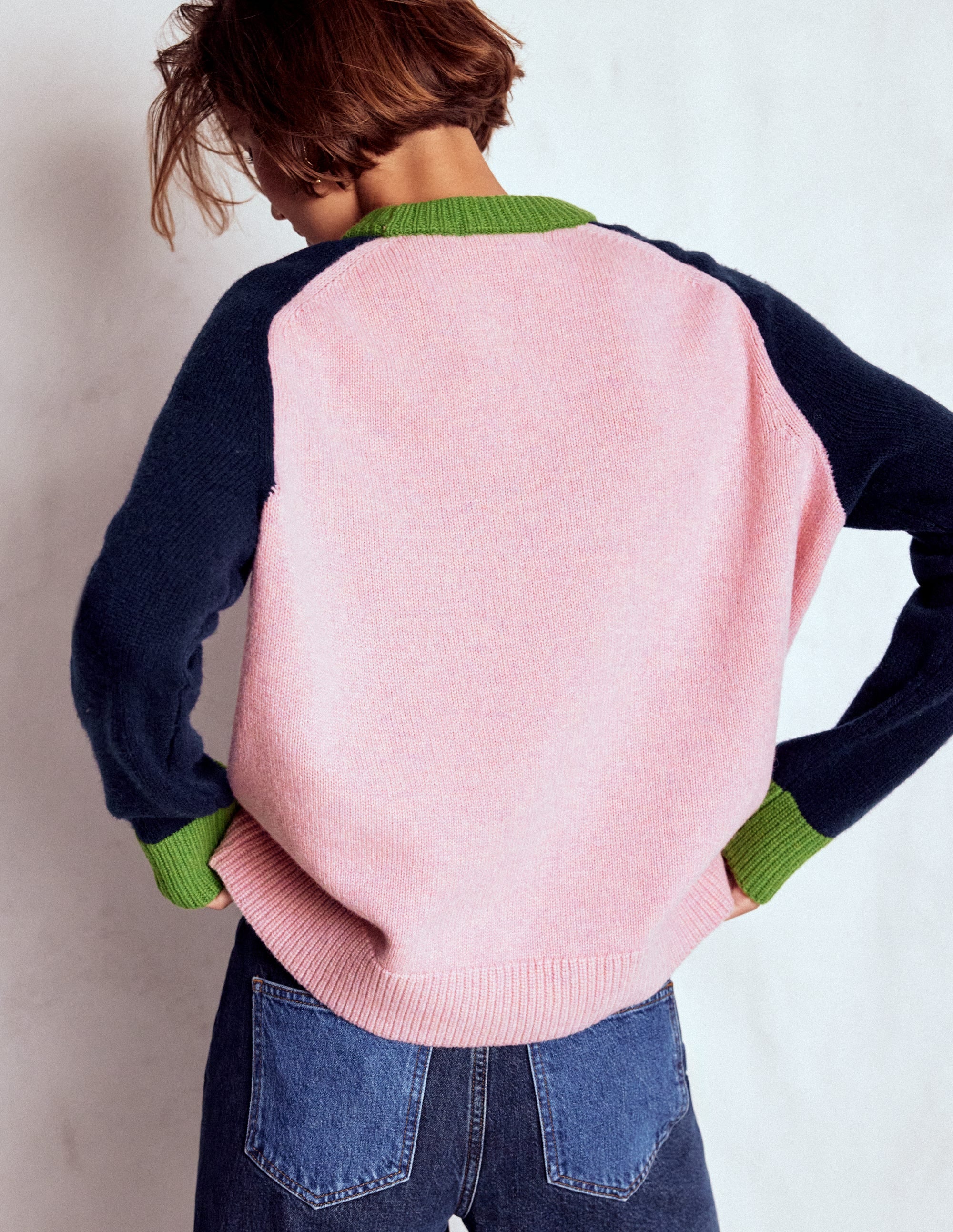 Marion Merino Sweater-French Pink, Navy Colour Block - Image 3