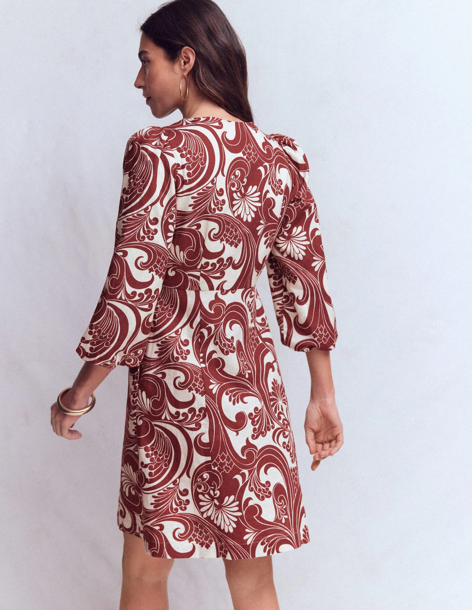 Marla Linen Blend Short Dress-Brown Foliage Whirl - Image 3