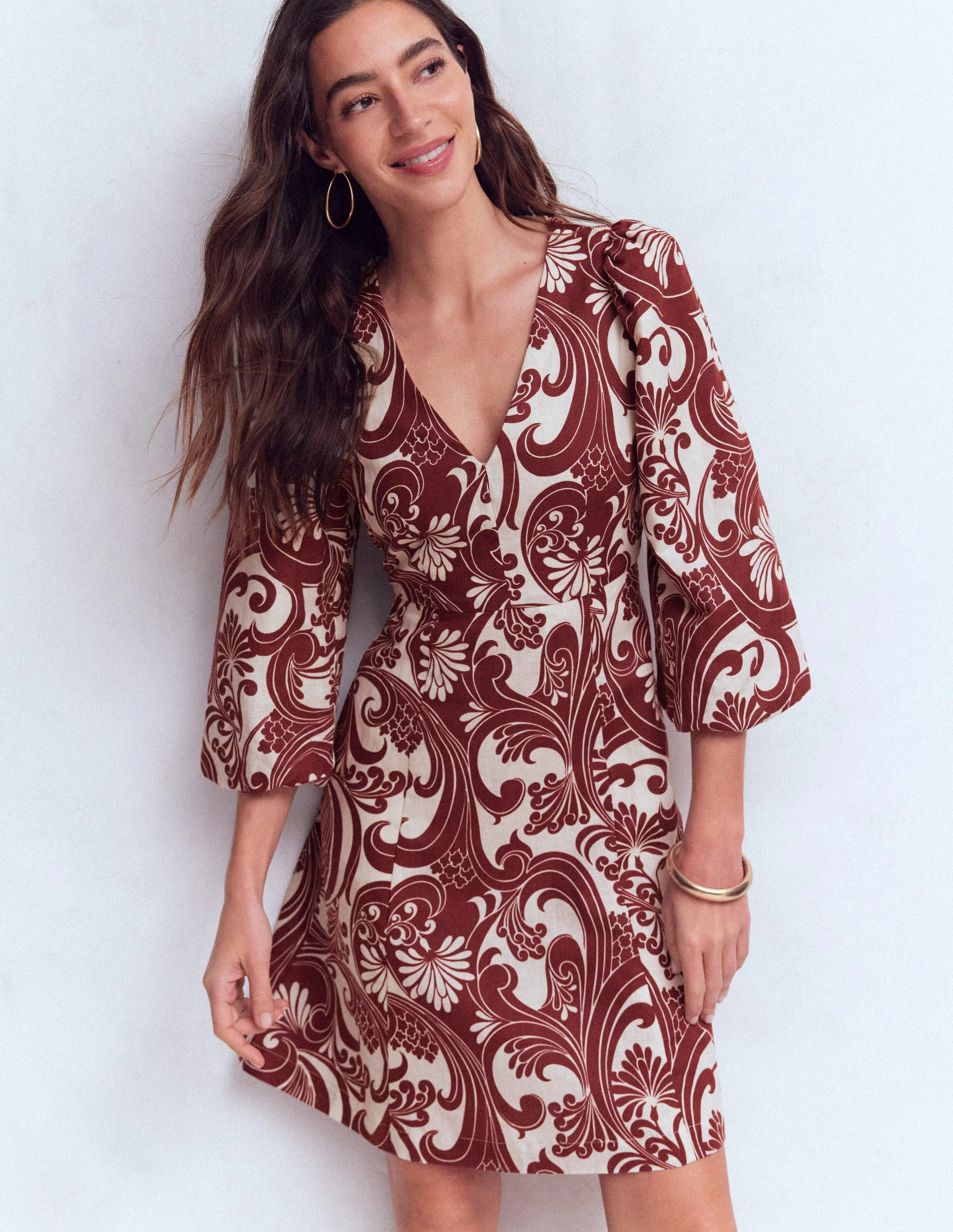 Marla Linen Blend Short Dress-Brown Foliage Whirl - Image 5
