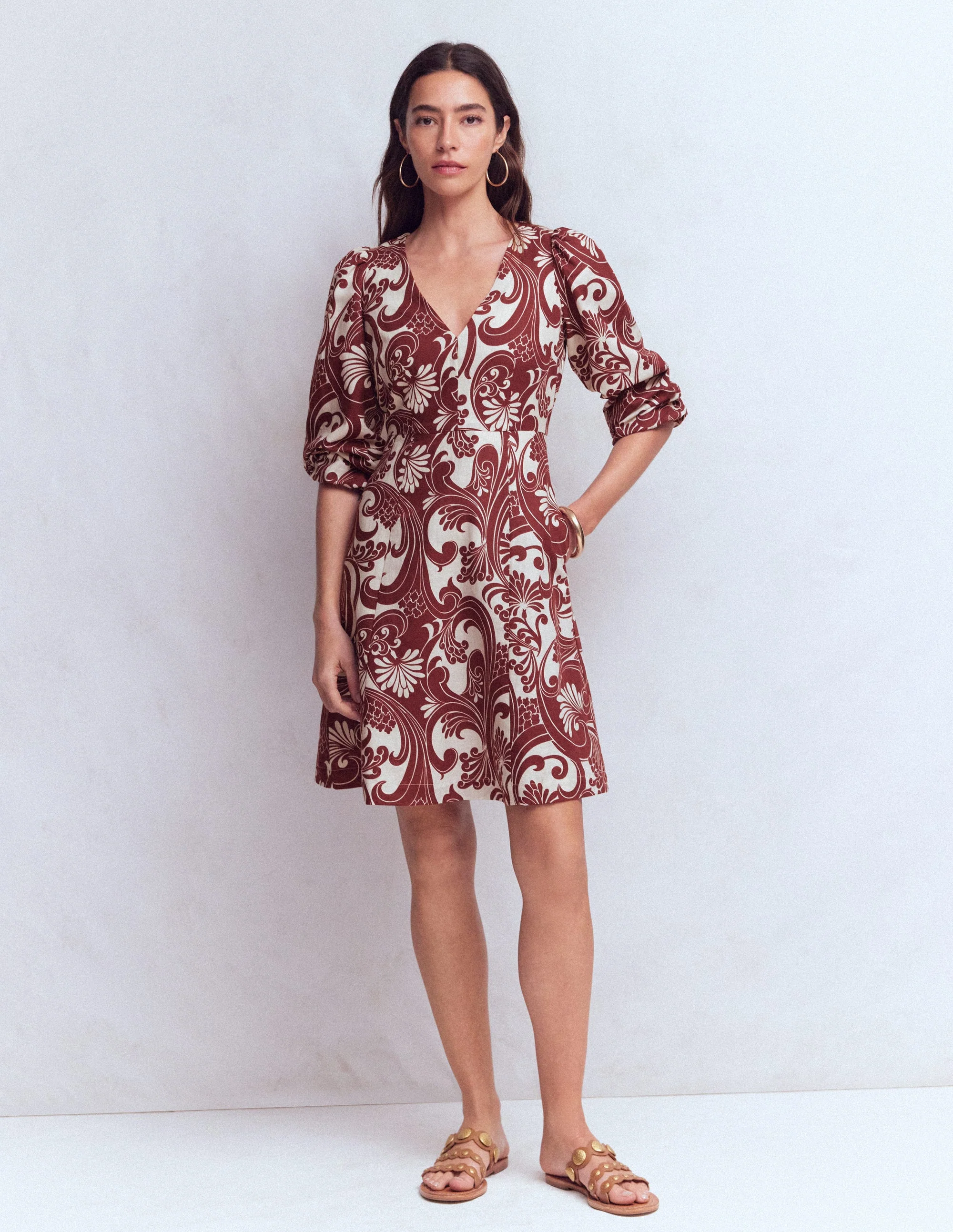 Marla Linen Blend Short Dress-Brown Foliage Whirl - Image 6