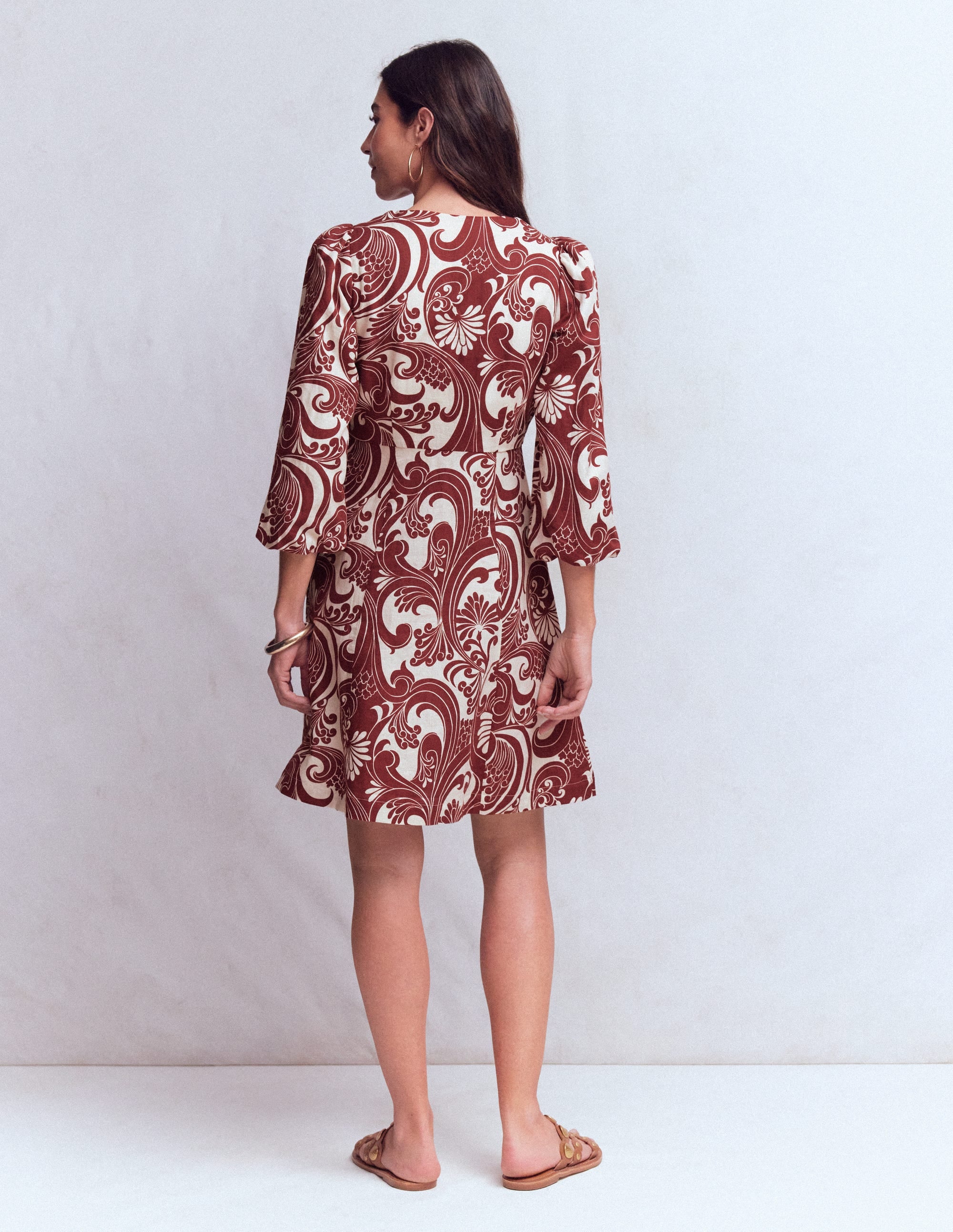 Marla Linen Blend Short Dress-Brown Foliage Whirl - Image 7