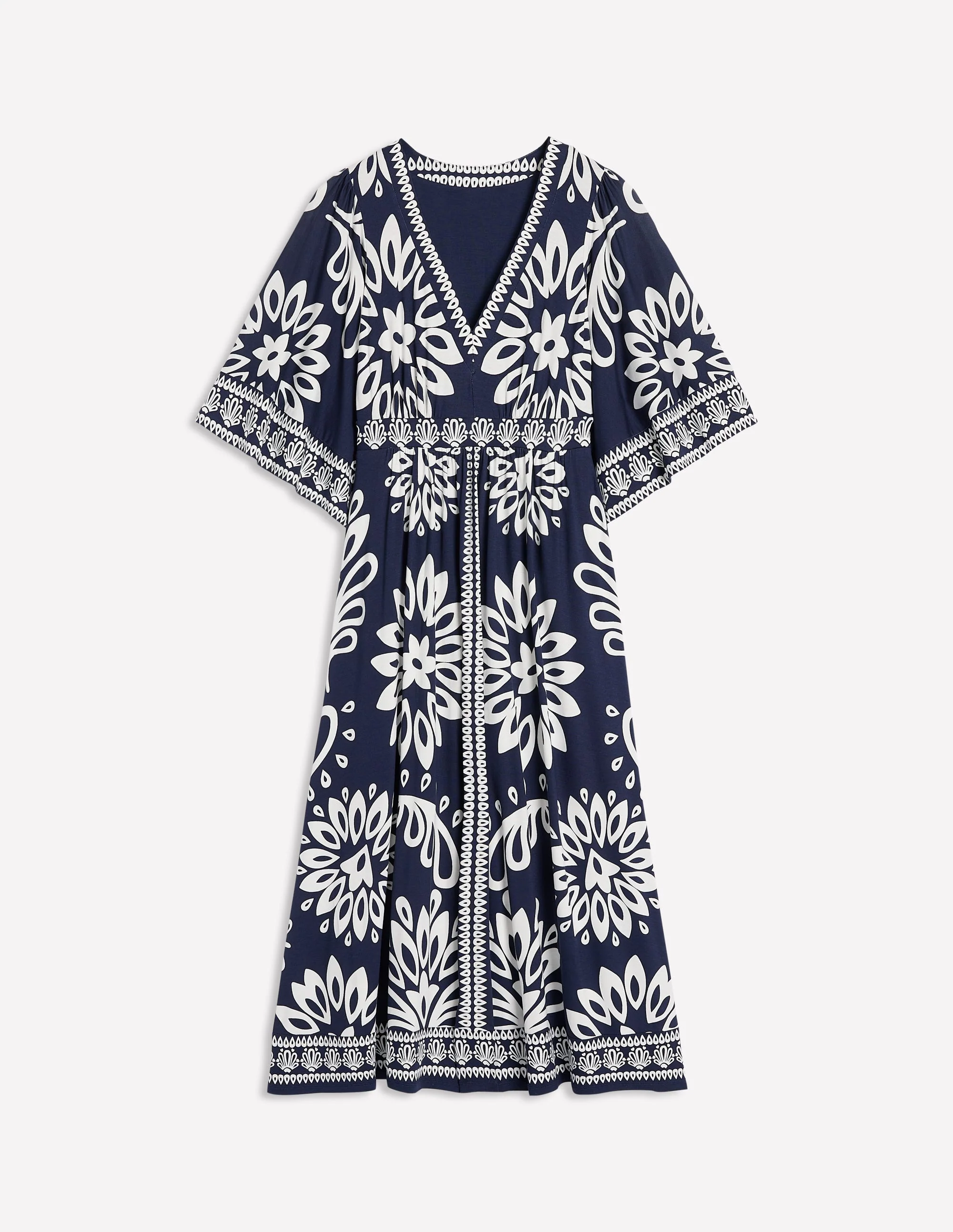 Maya Kimono Jersey Maxi Dress-French Navy, Palm Foliage - Image 7