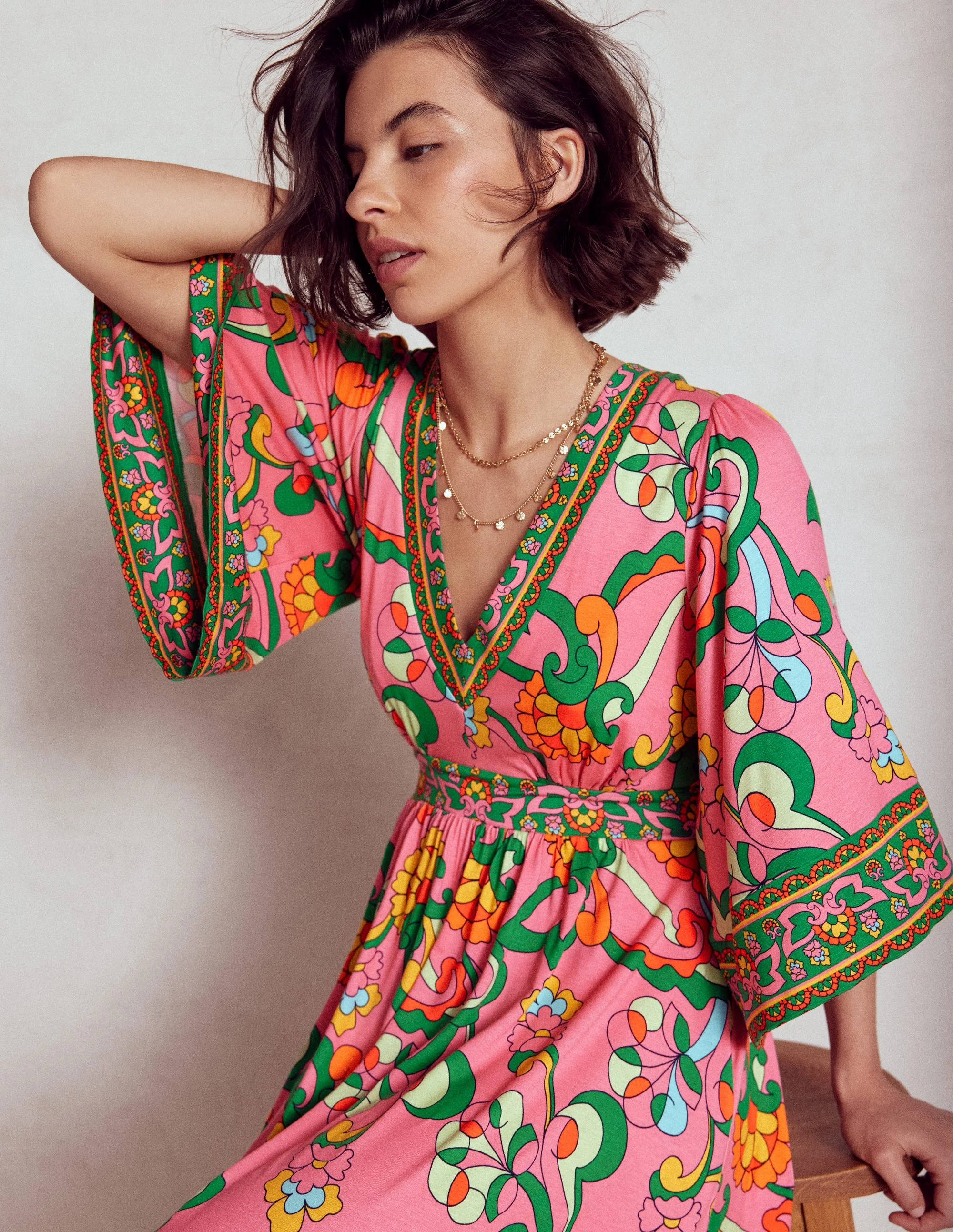 Maya Kimono Jersey Maxi Dress-Pink Rose, Foliage Trail - Image 6