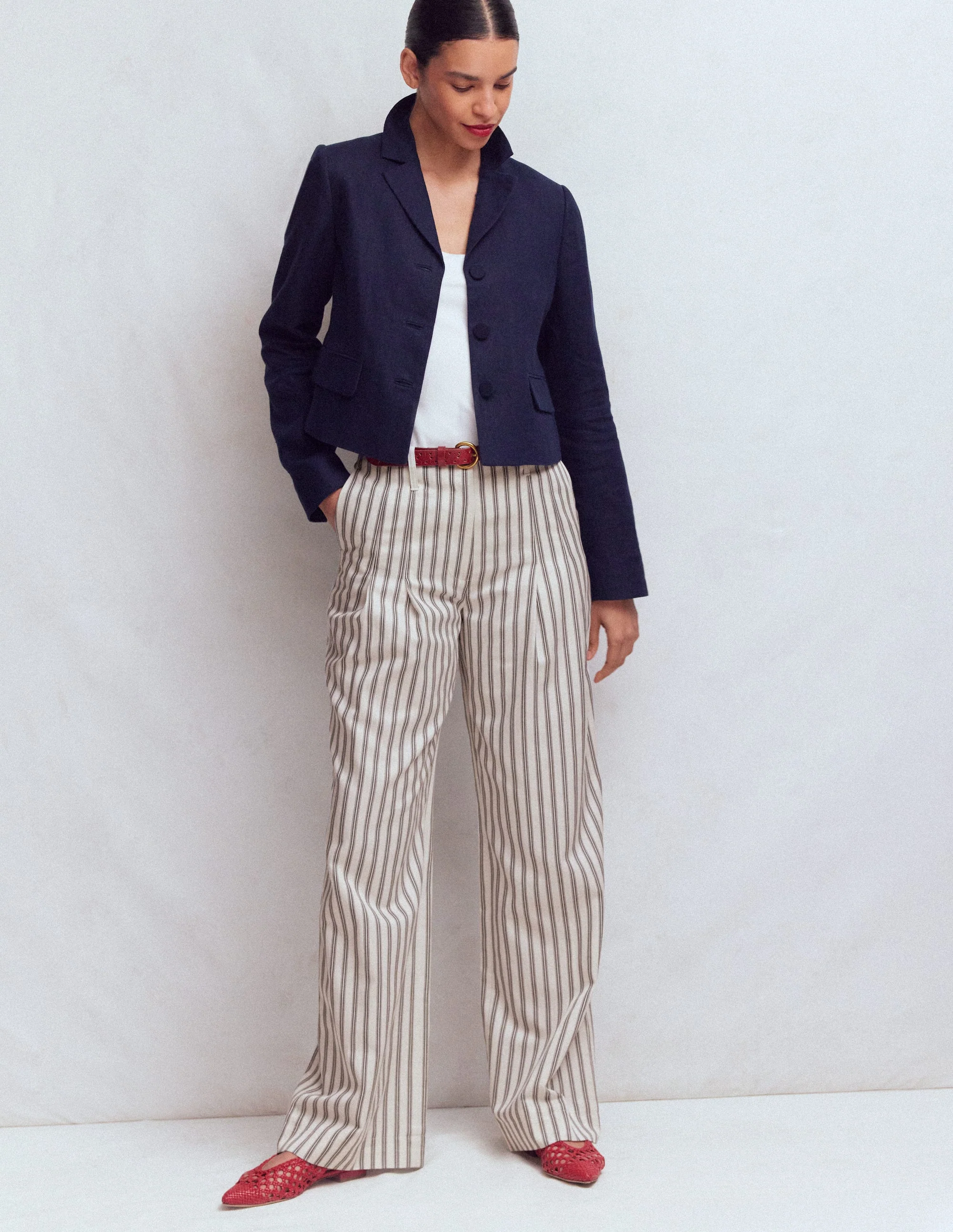 Mayfair Tailored Pants-Ivory, Navy Stripe