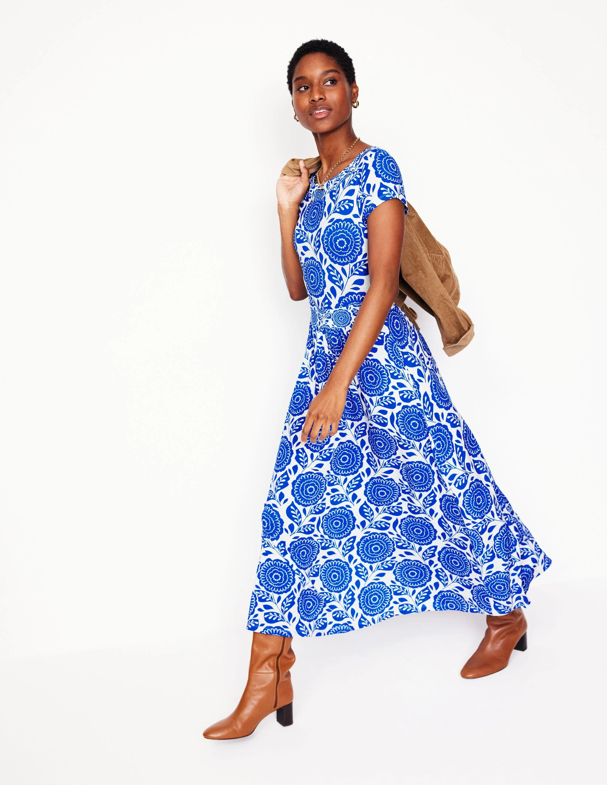 Melanie Jersey Midi Dress-Gallery Blue, Dahlia Stamp - Image 4
