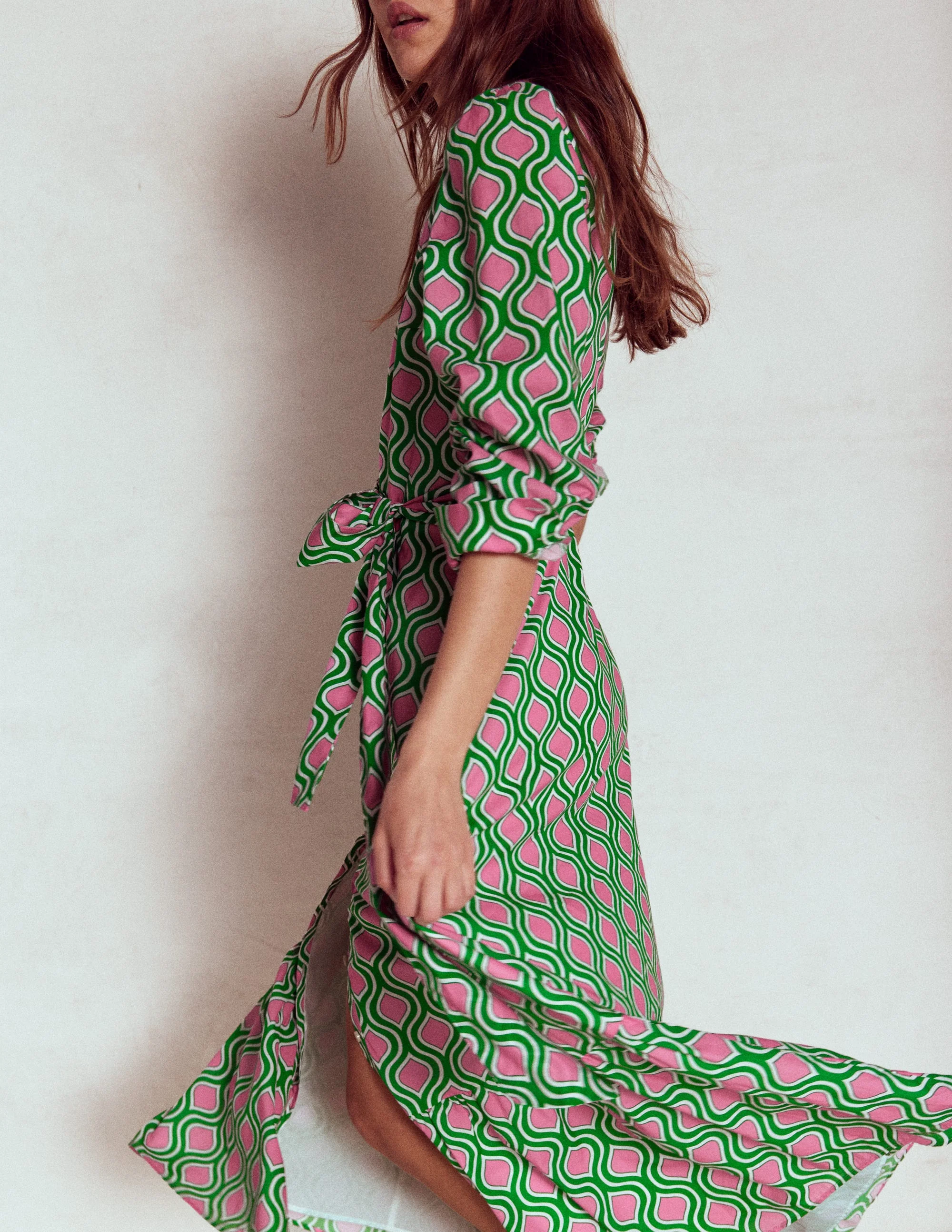 Mia Tiered Shirt Dress-Rich Emerald, Geo Trellis