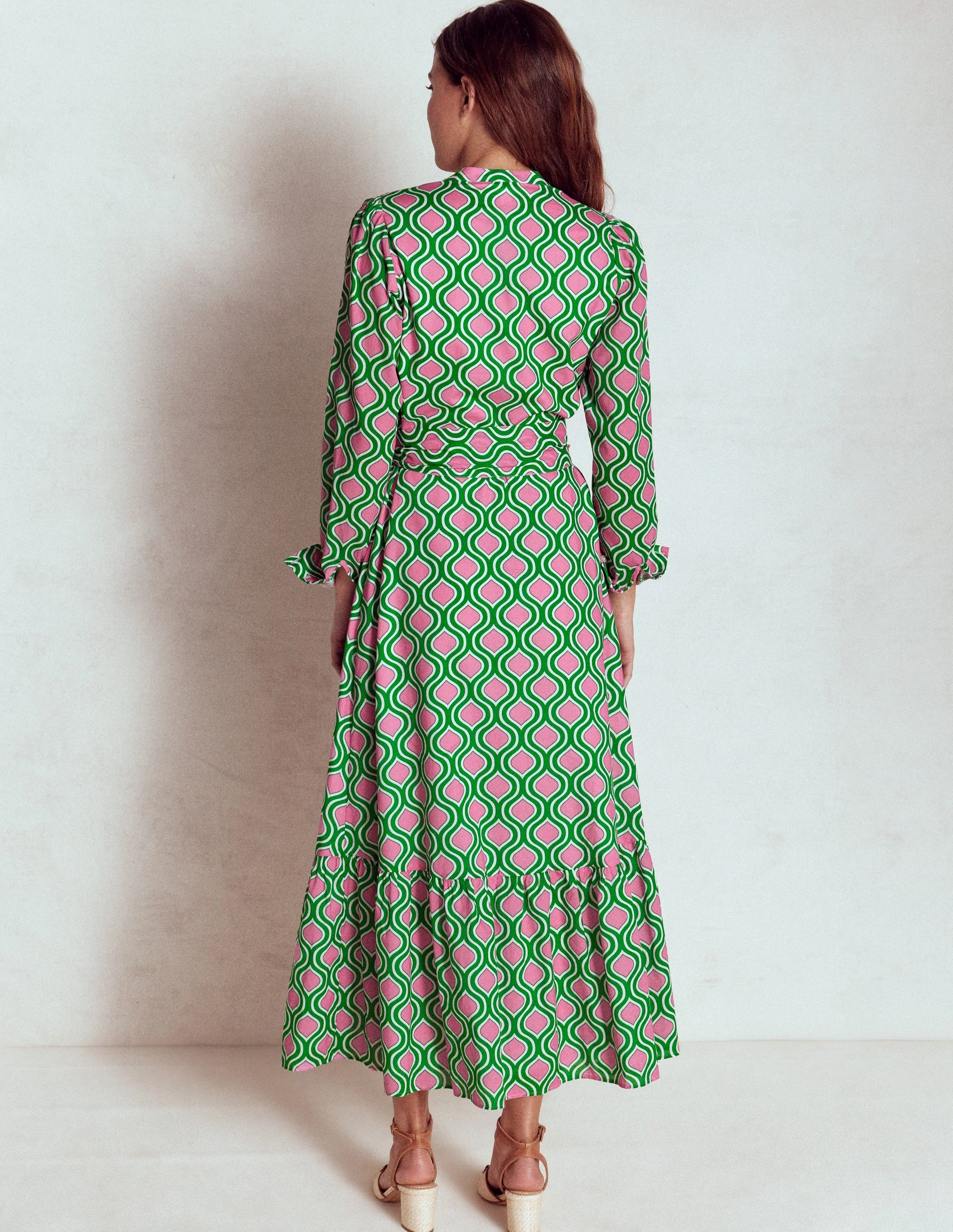 Mia Tiered Shirt Dress-Rich Emerald, Geo Trellis - Image 3