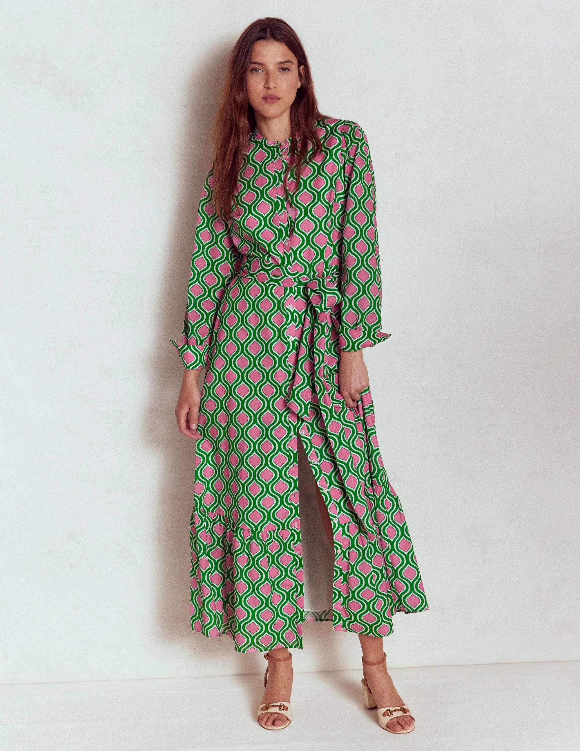 Mia Tiered Shirt Dress-Rich Emerald, Geo Trellis - Image 5