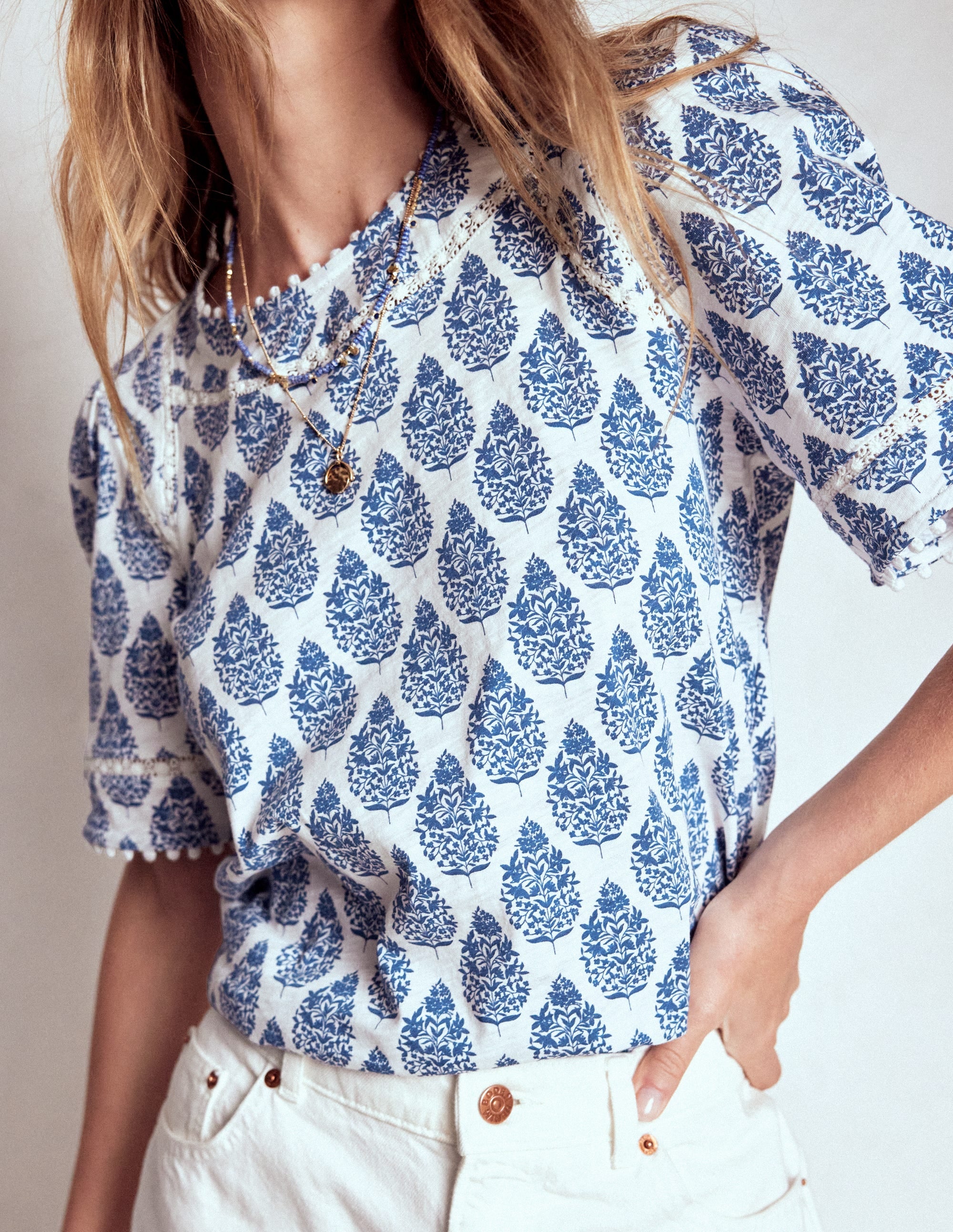 Mila Lace Trim Top-Denim Blue, Wildflower Bouquet - Image 3